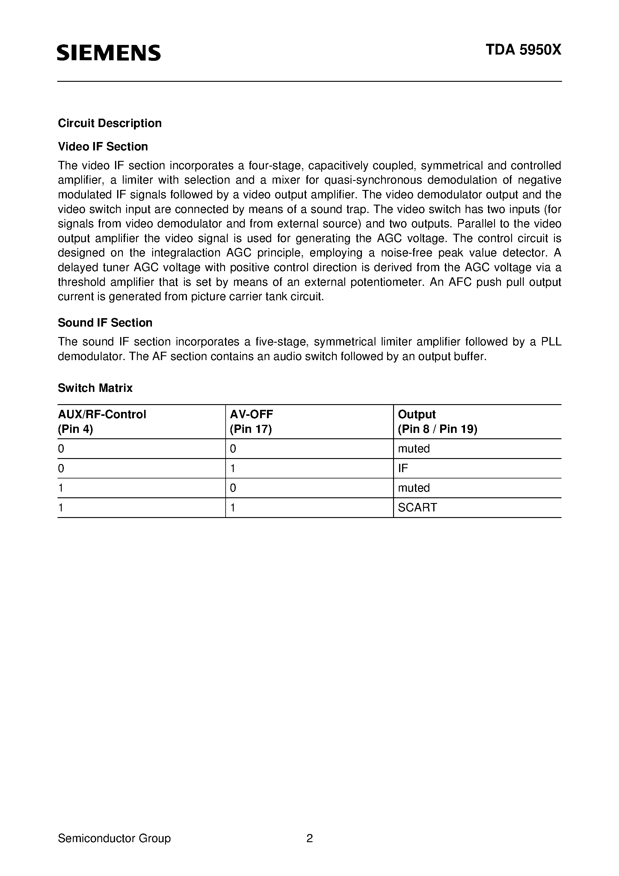 Даташит TDA5950X - Video and Sound IF with FM-PLL Demodulator/ AFC and V & S SCART страница 2