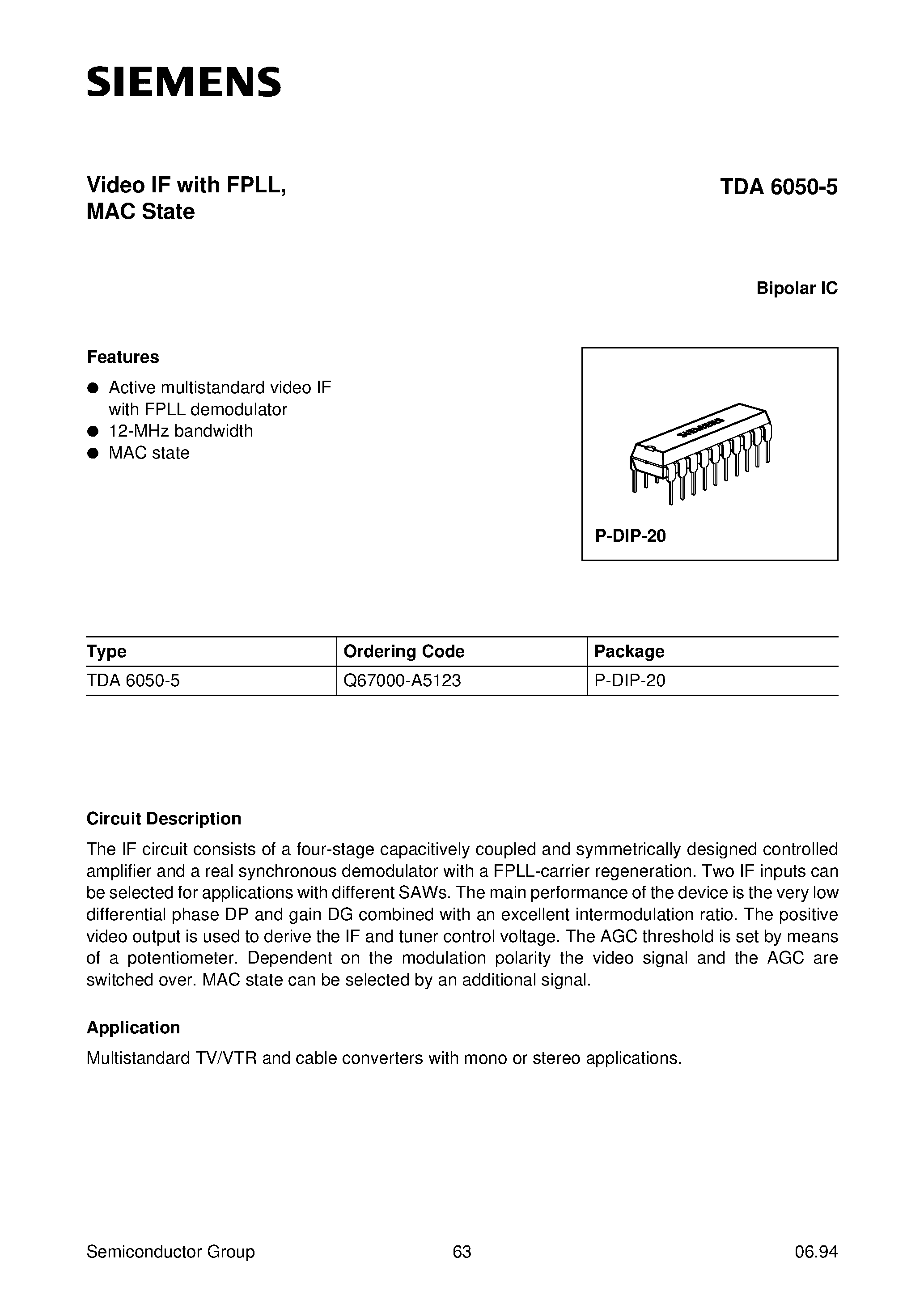 Даташит TDA6050-5 - Video IF with FPLL/ MAC State страница 1