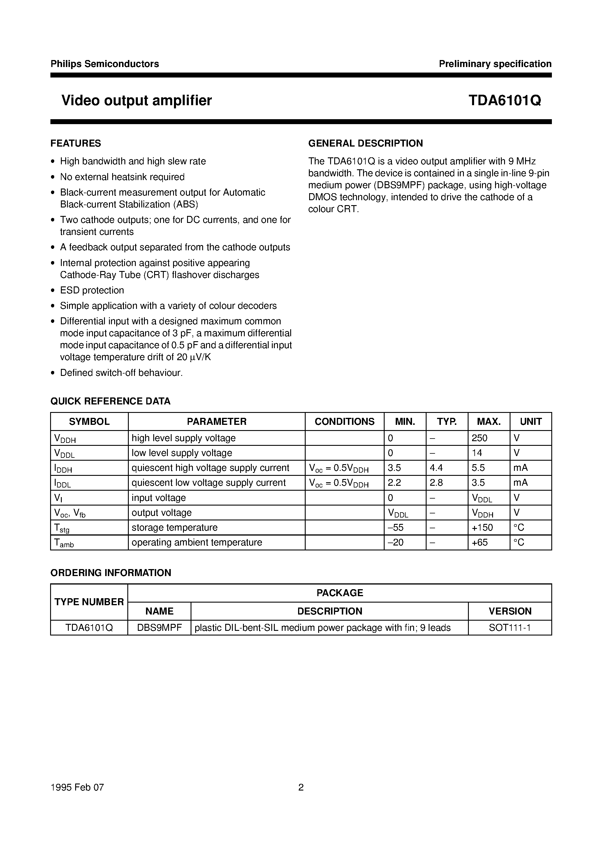 Даташит TDA6101Q - Video output amplifier страница 2
