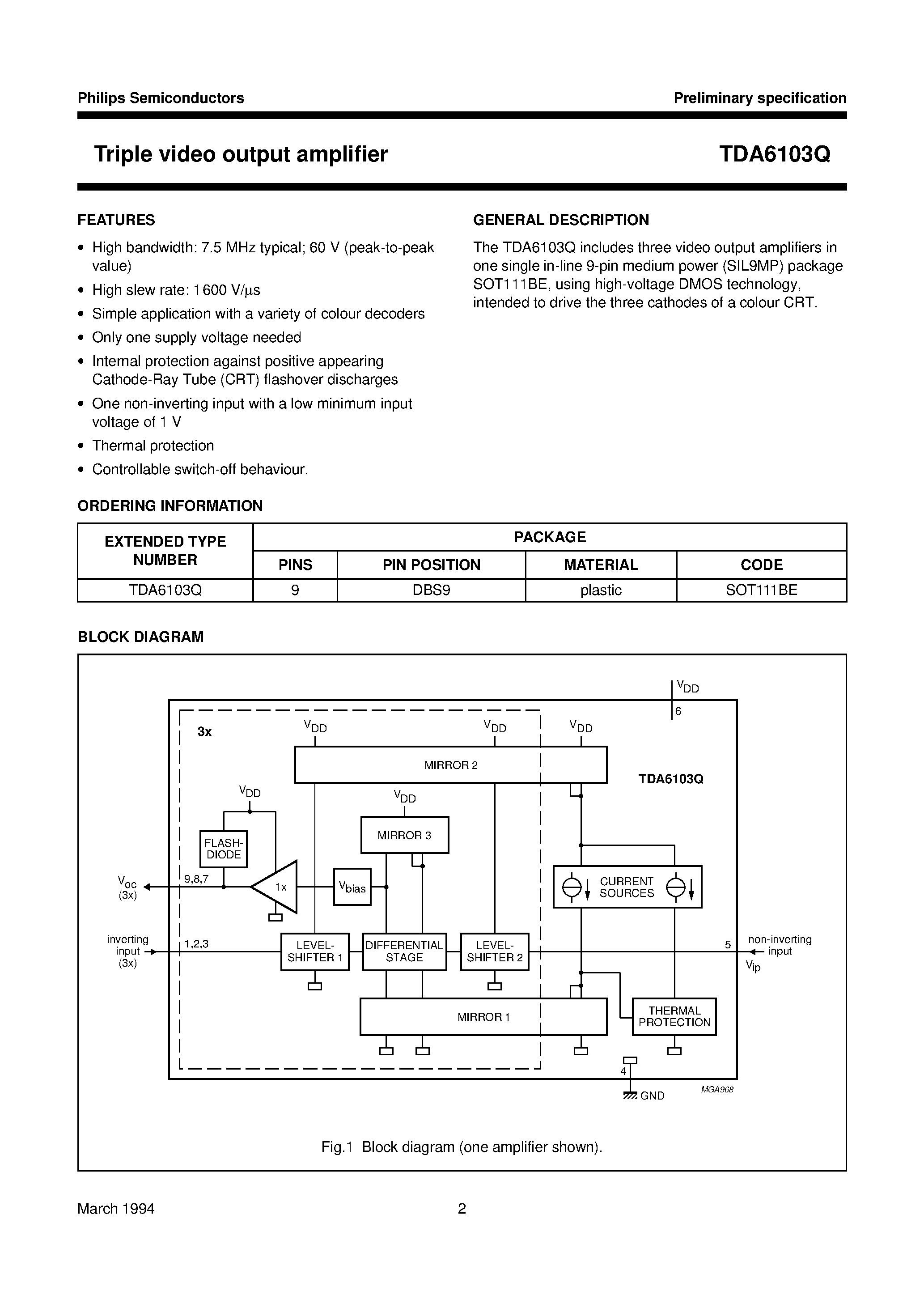 Даташит TDA6103 - Triple video output amplifier страница 2