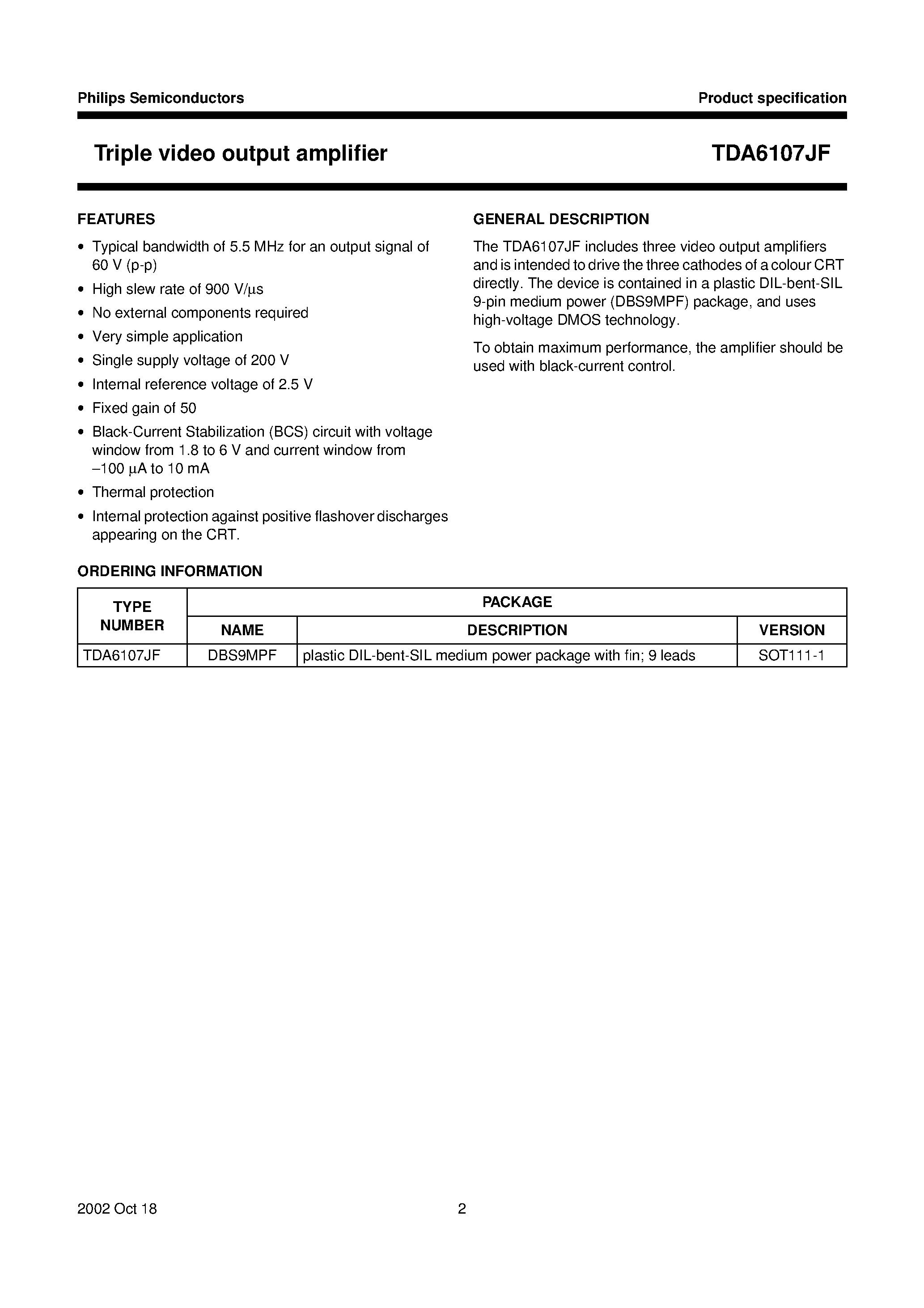 Даташит на микросхему TDA6107JF страница 2 Даташит TDA6107JF - Triple video output amplifier страница 2