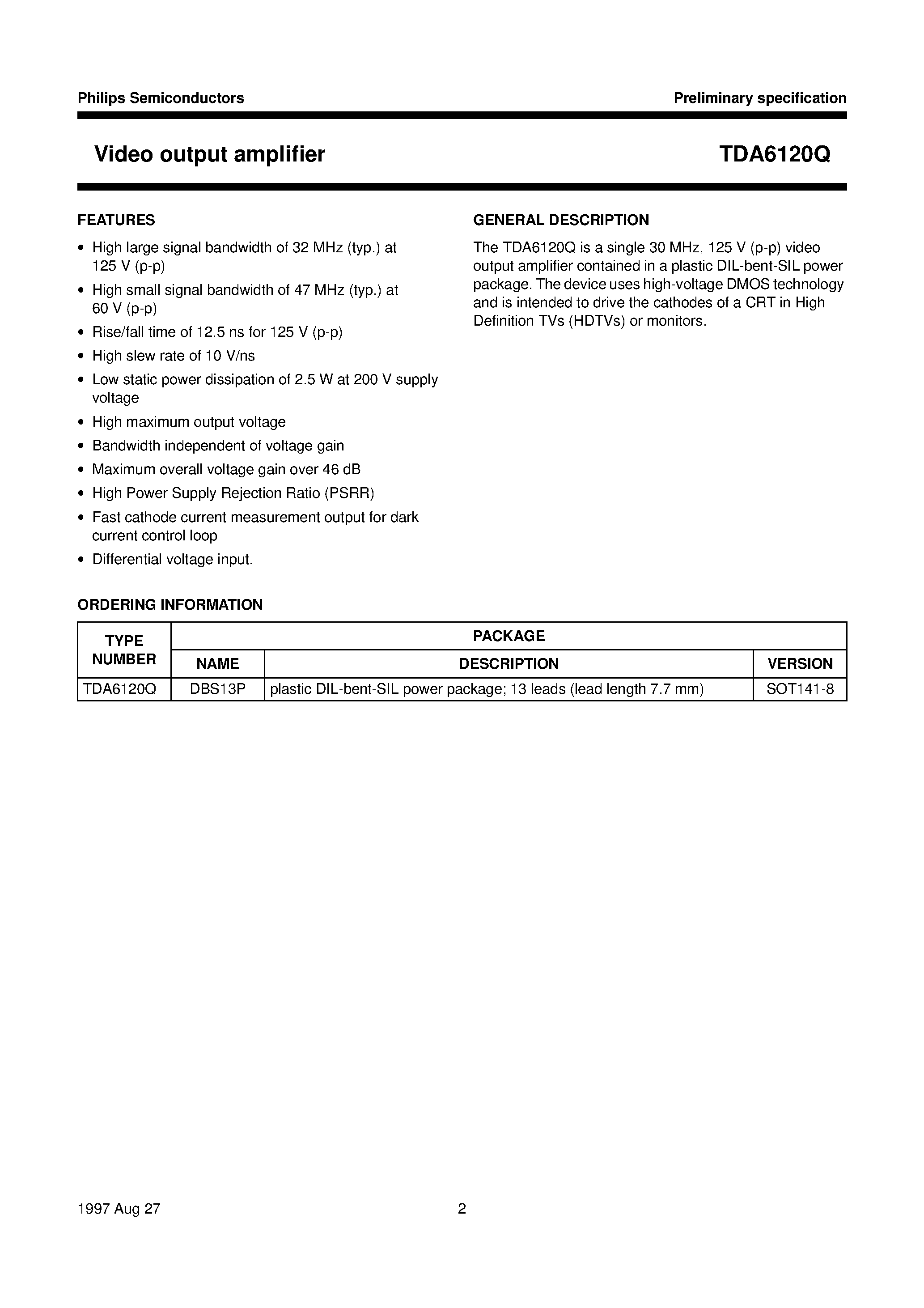 Даташит TDA6120Q - Video output amplifier страница 2