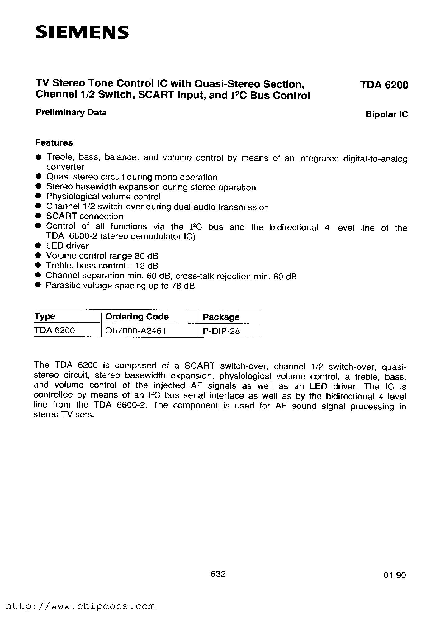 Даташит на микросхему TDA6200 страница 1 Даташит TDA6200 - TV Stereo Tone Control IC with Quasi-Stereo Section/ <br> Channel 1/2 Switch/ SCART Input/ and I2C Bus Control страница 1