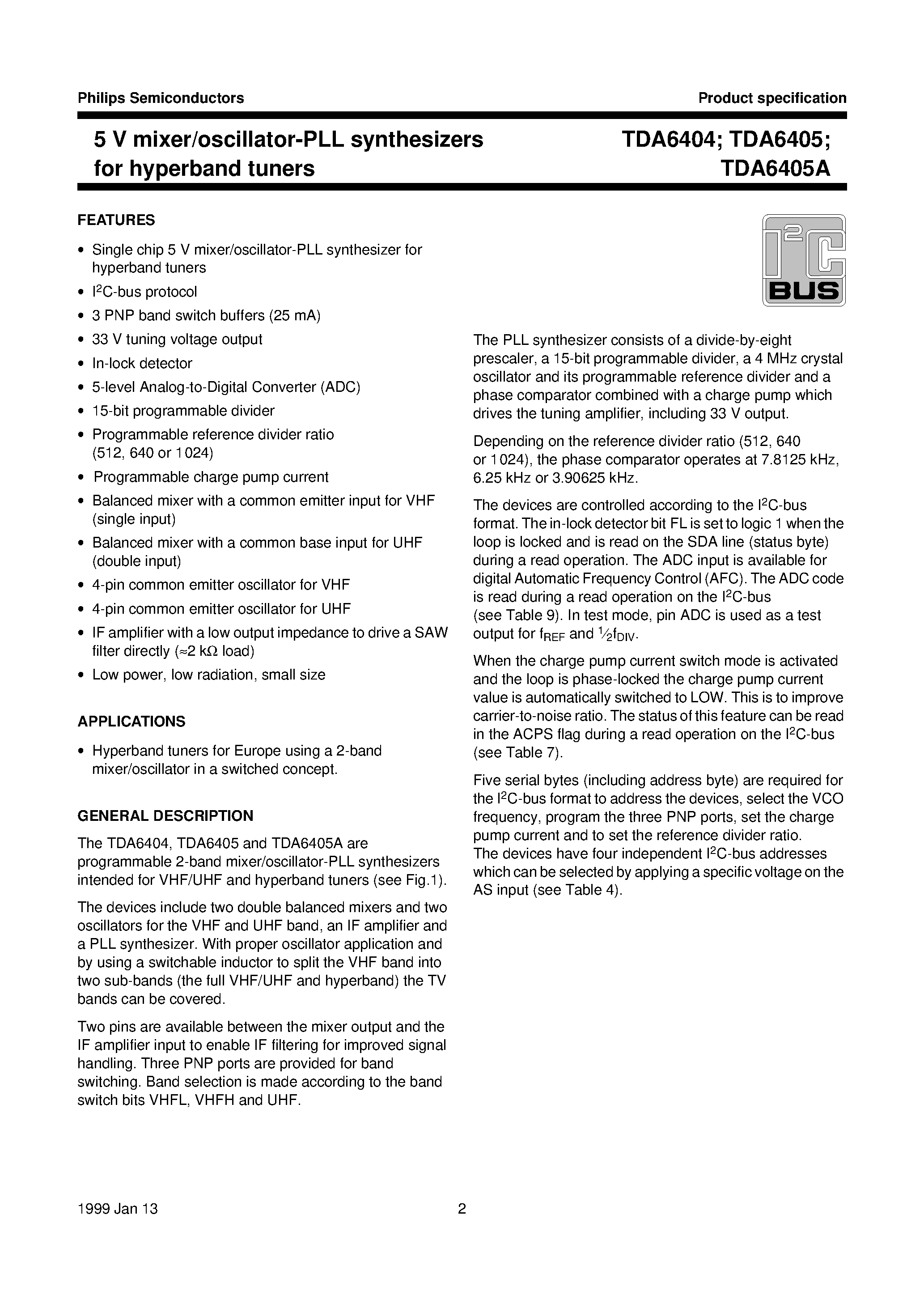 Даташит на микросхему TDA6404TS страница 2 Даташит TDA6404TS - 5 V mixer/oscillator-PLL synthesizers for hyperband tuners страница 2