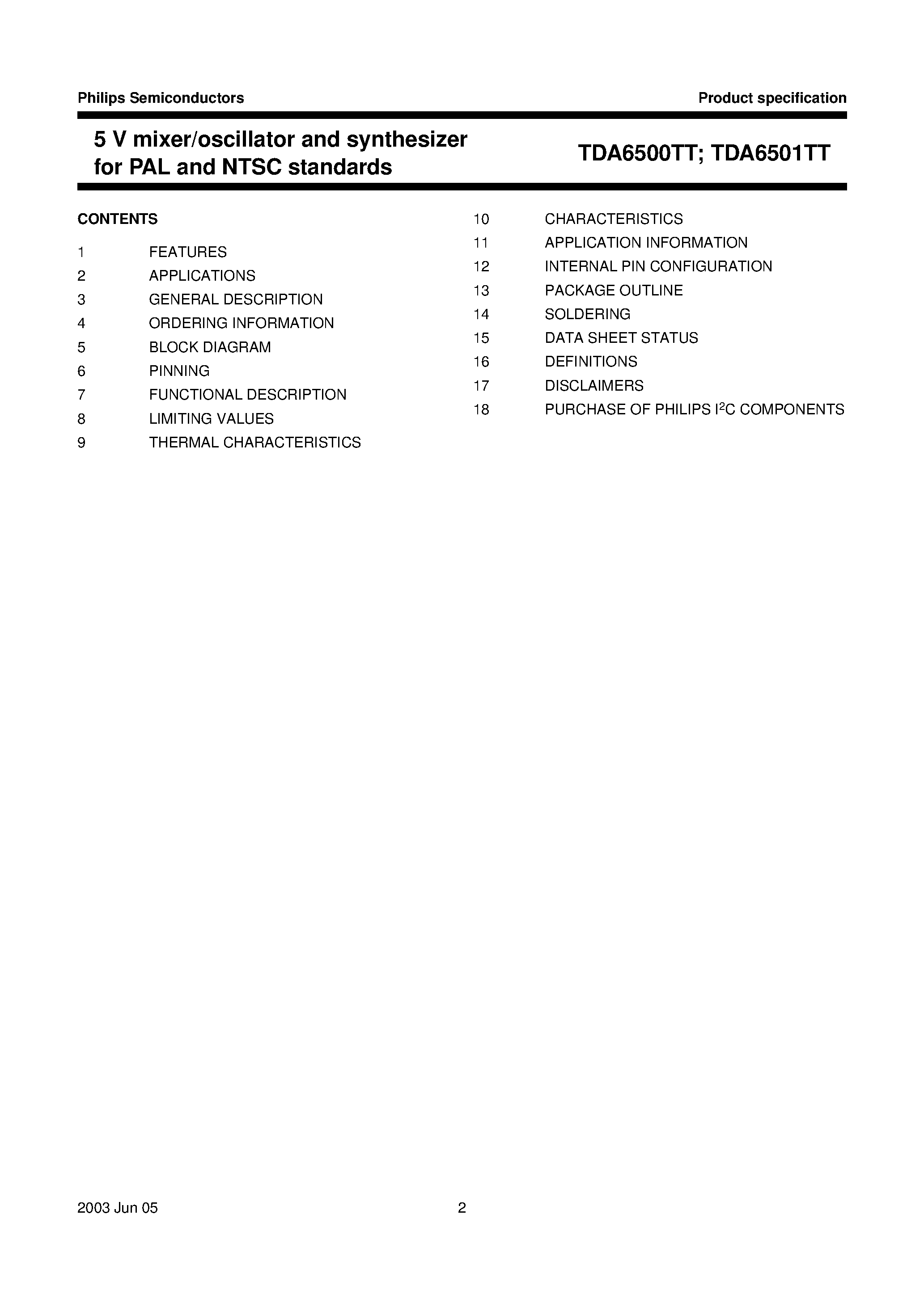 Даташит TDA6500TT - 5 V mixer/oscillator and synthesizer for PAL and NTSC standards страница 2
