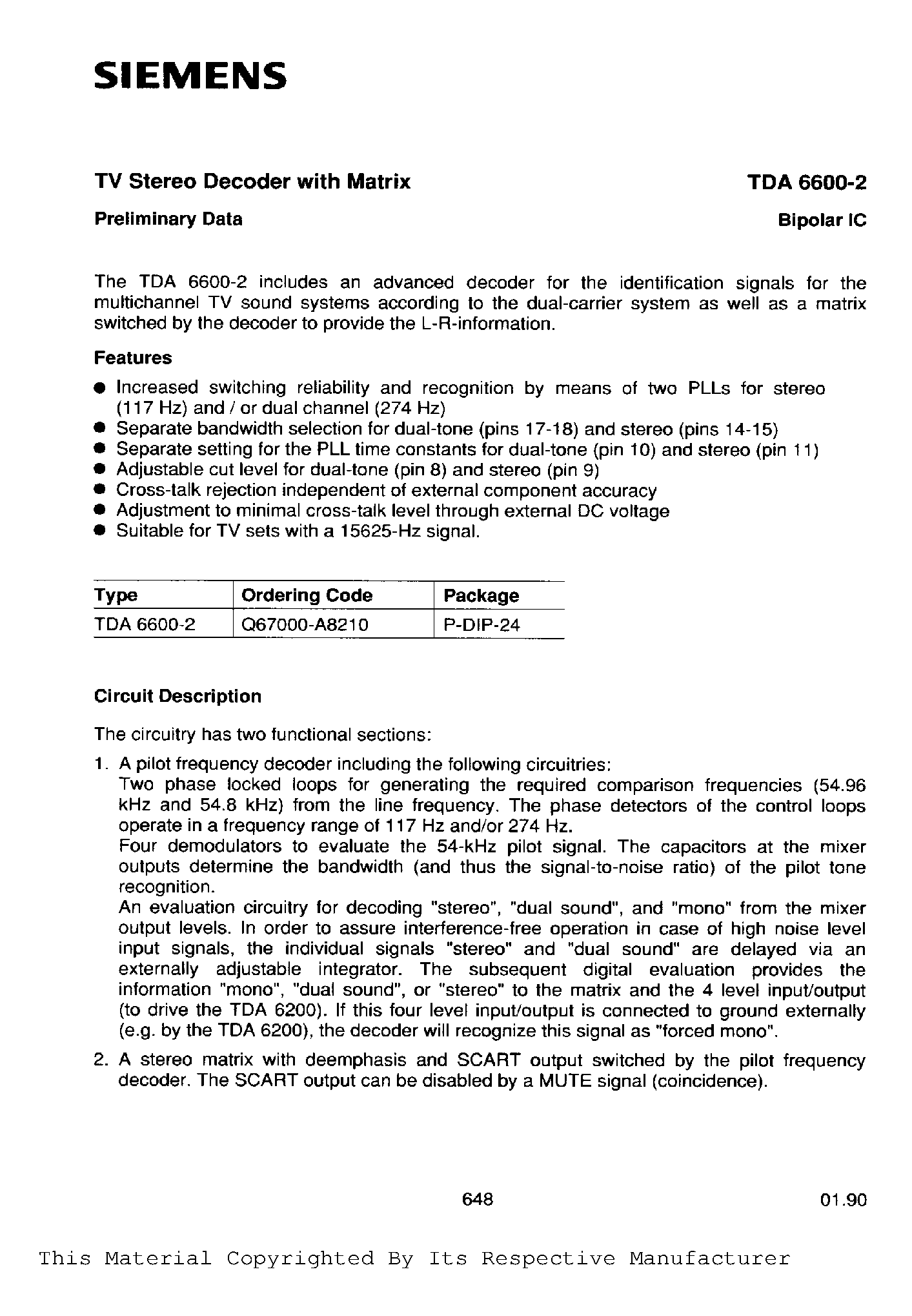 Datasheet TDA6600-2 page 1 Datasheet TDA6600-2 - TV Stereo Decoder with Matrix Preliminary Data page 1