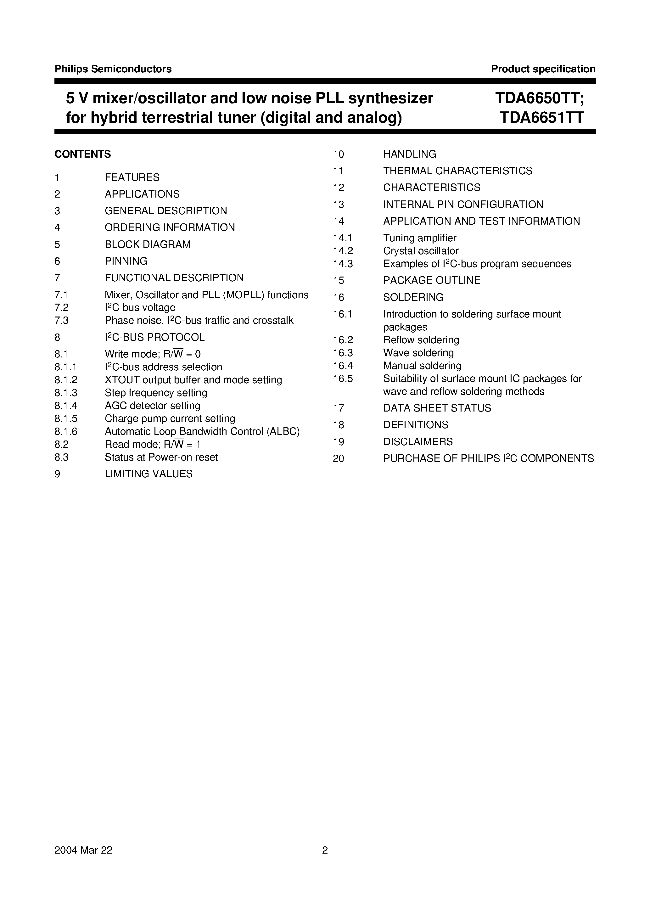 Даташит TDA6650 - 5 V mixer/oscillator and low noise PLL synthesizer for hybrid terrestrial tuner (digital and analog) страница 2