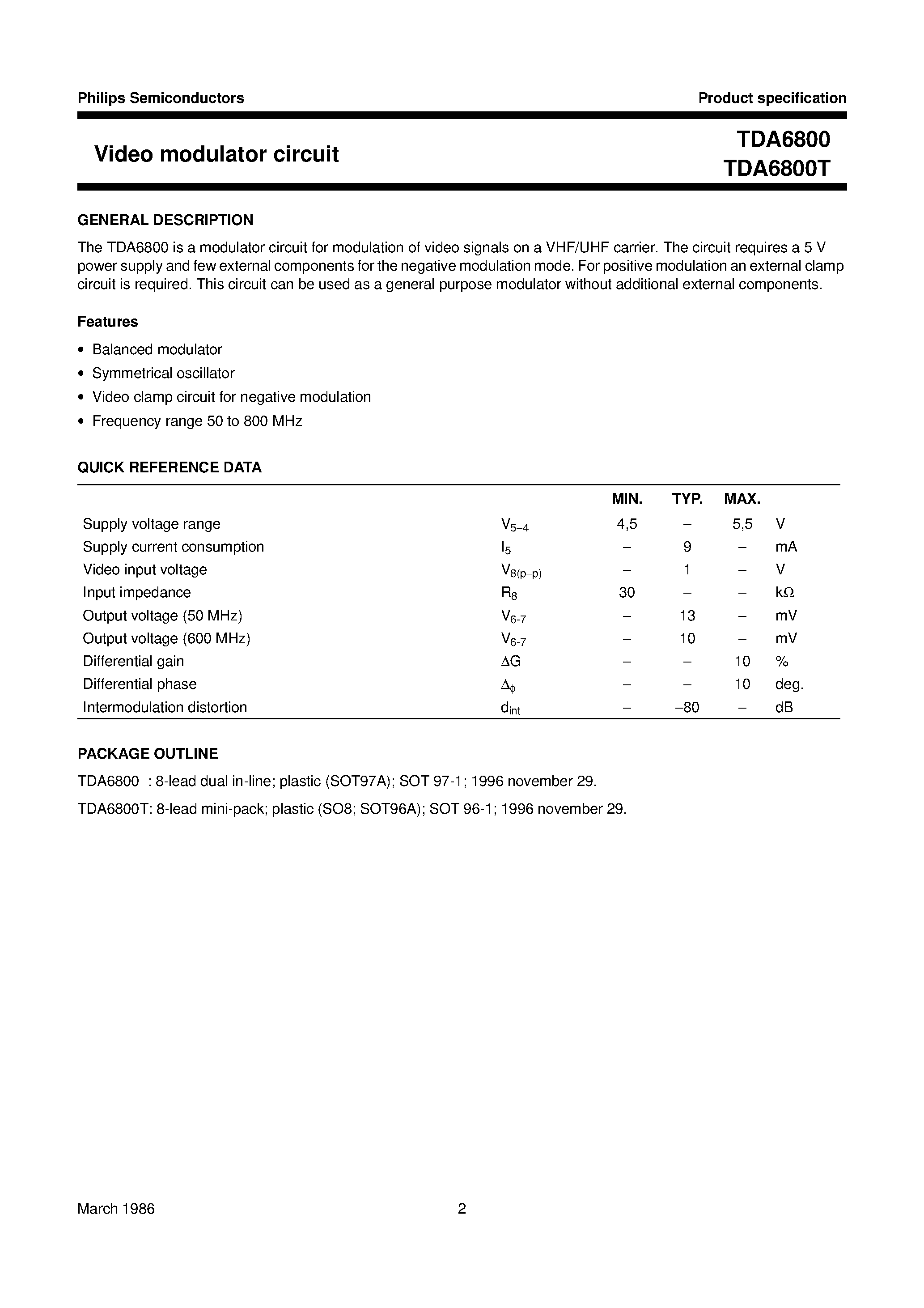 Даташит TDA6800T - Video modulator circuit страница 2