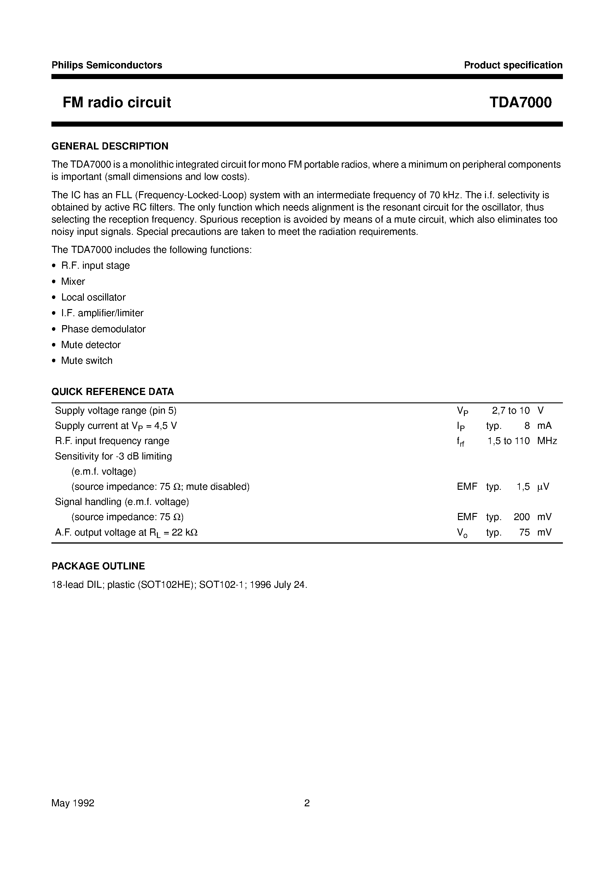 Даташит на микросхему TDA7000 страница 2 Даташит TDA7000 - FM radio circuit страница 2