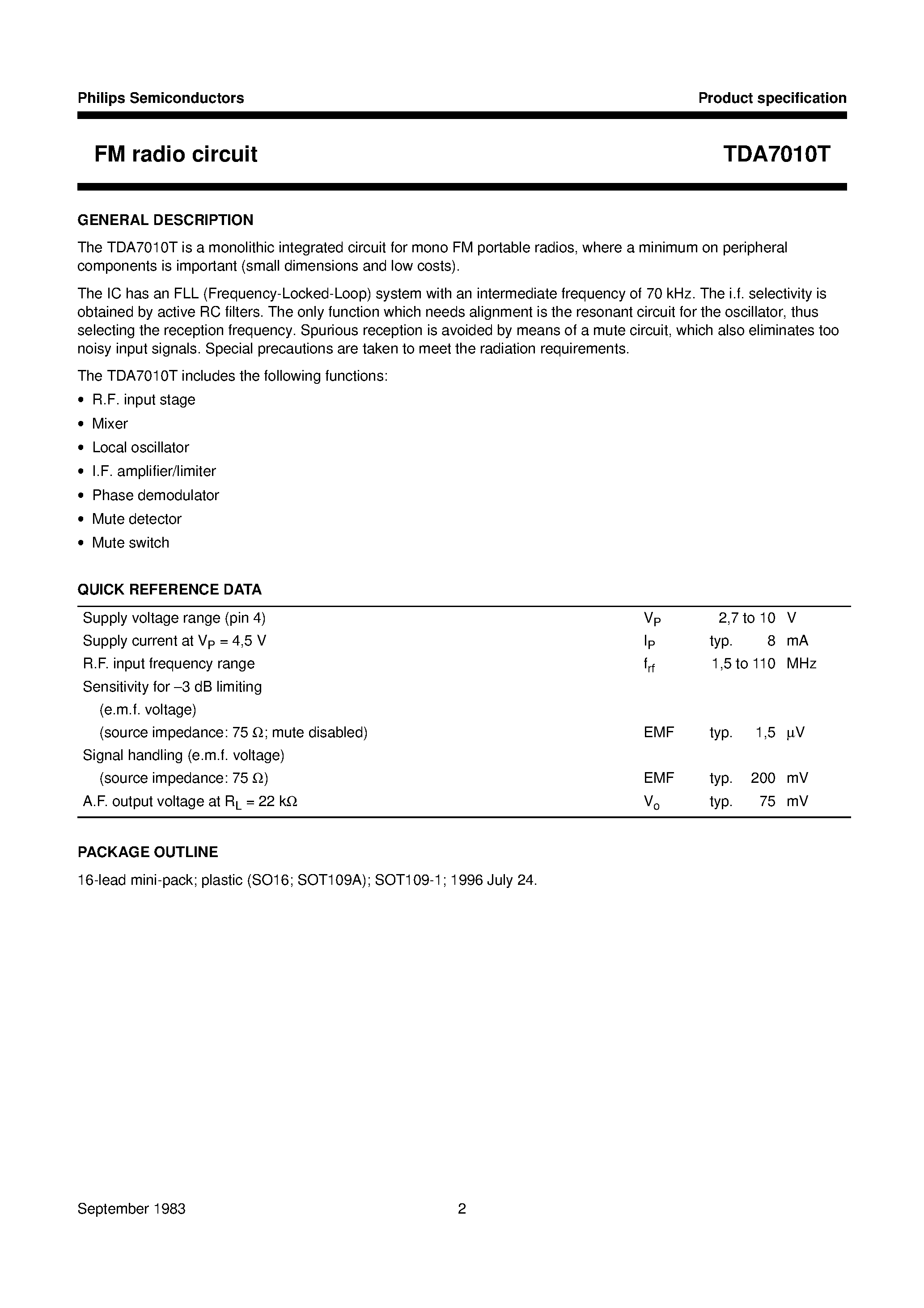 Datasheet TDA7010 - FM radio circuit page 2