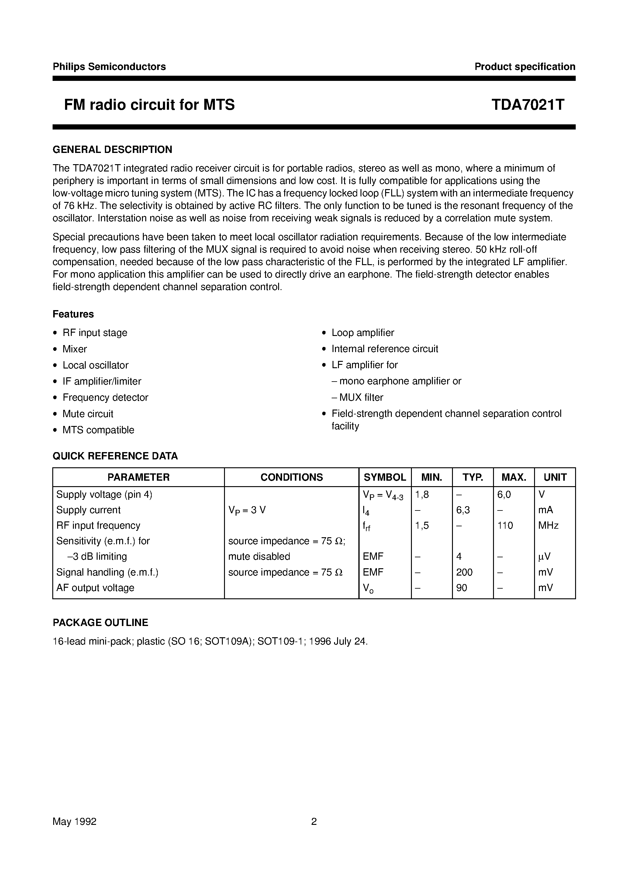 Datasheet TDA7021 - FM radio circuit for MTS page 2