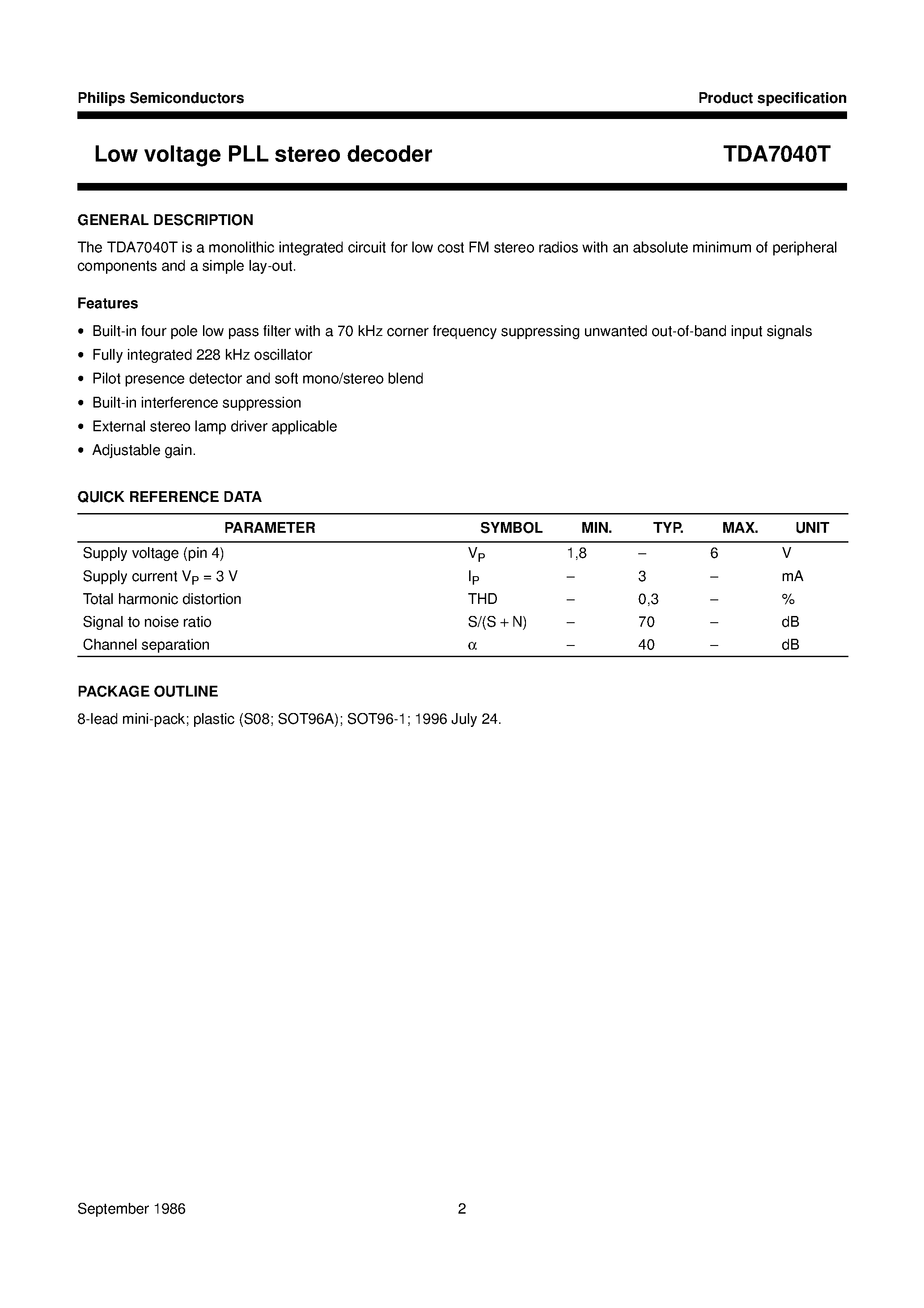 Datasheet TDA7040 - Low voltage PLL stereo decoder page 2