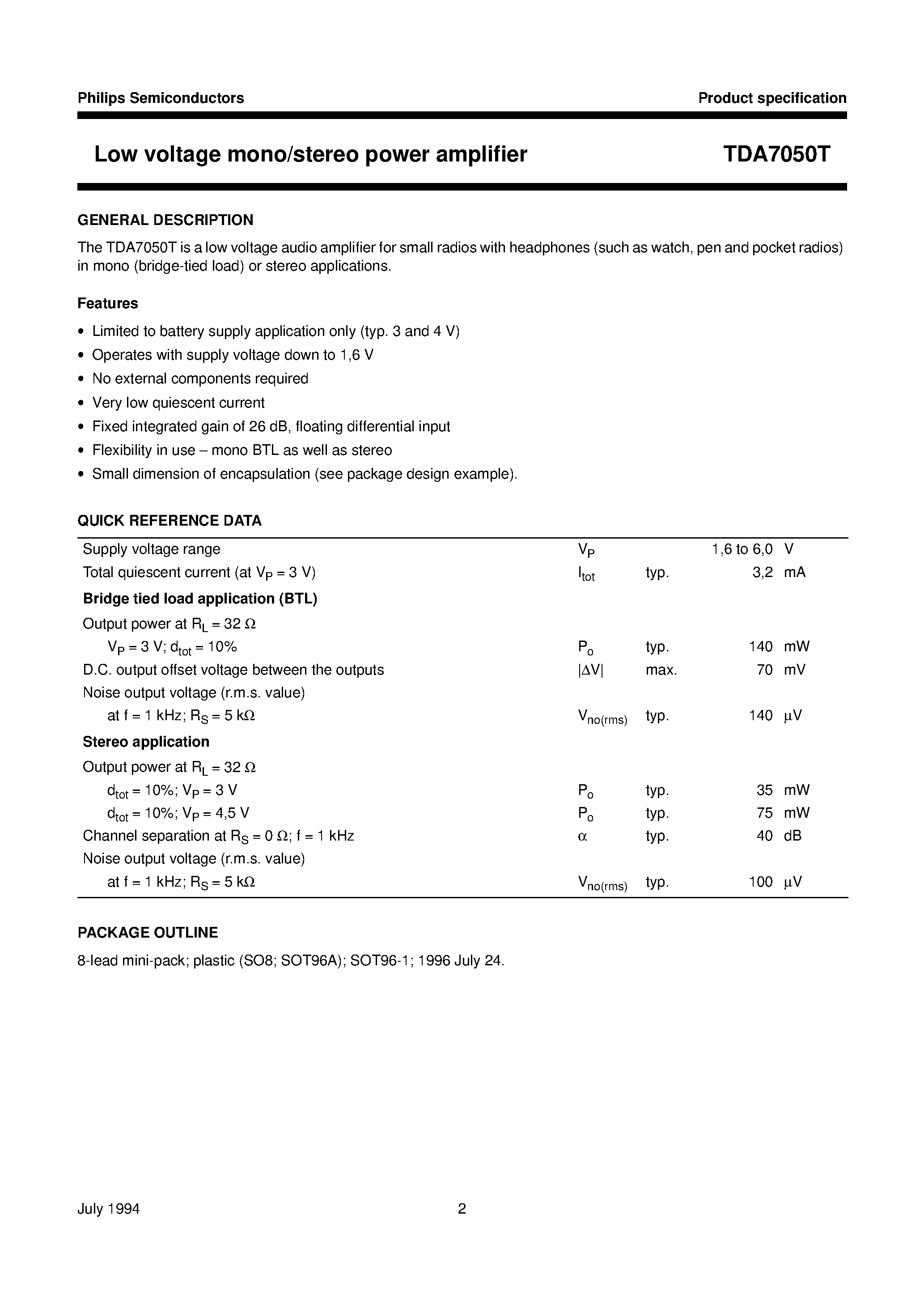 Даташит TDA7050T - Low voltage mono/stereo power amplifier страница 2