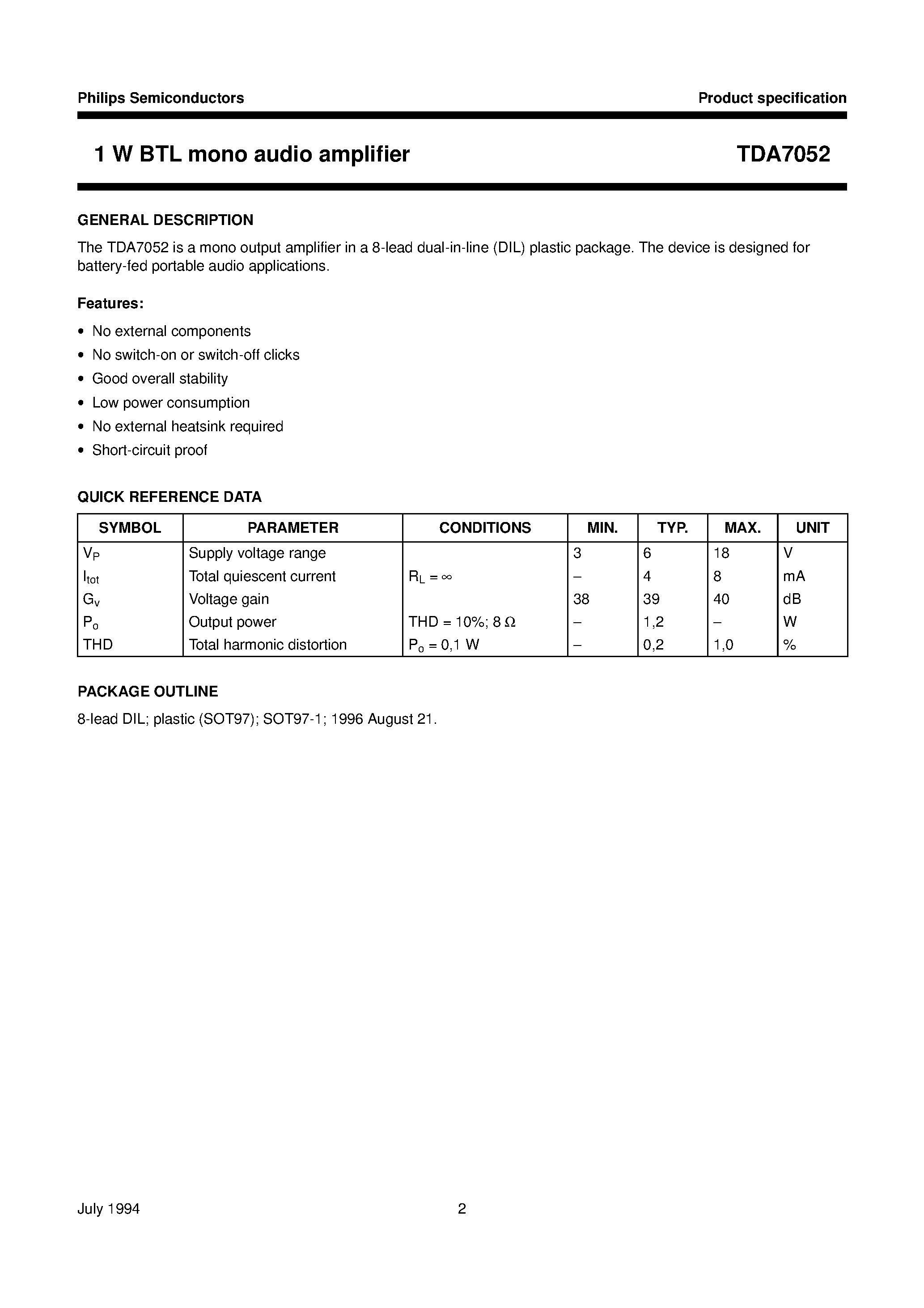 Datasheet TDA7052 - 1 W BTL mono audio amplifier page 2