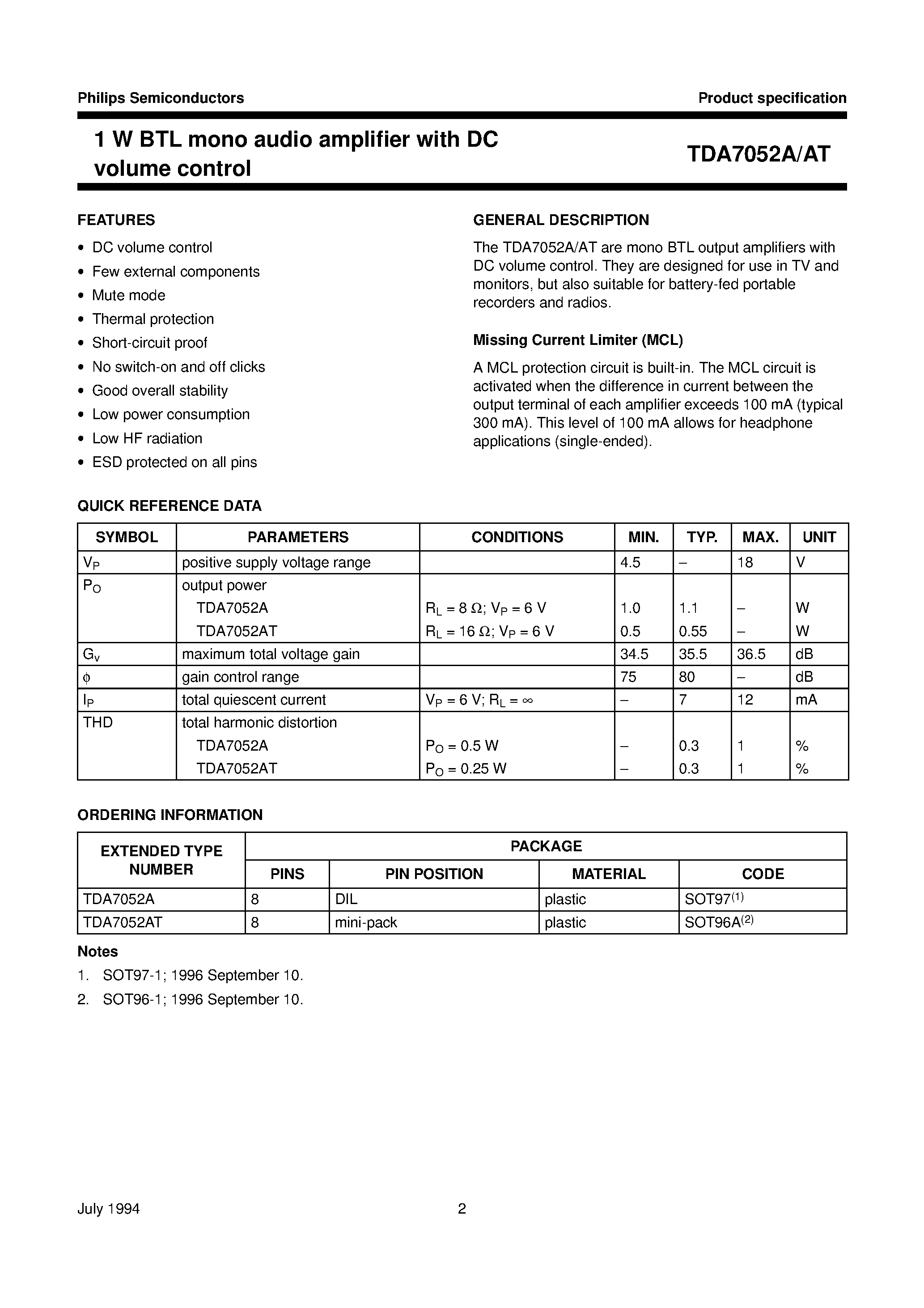 Даташит TDA7052AT - 1 W BTL mono audio amplifier with DC volume control страница 2