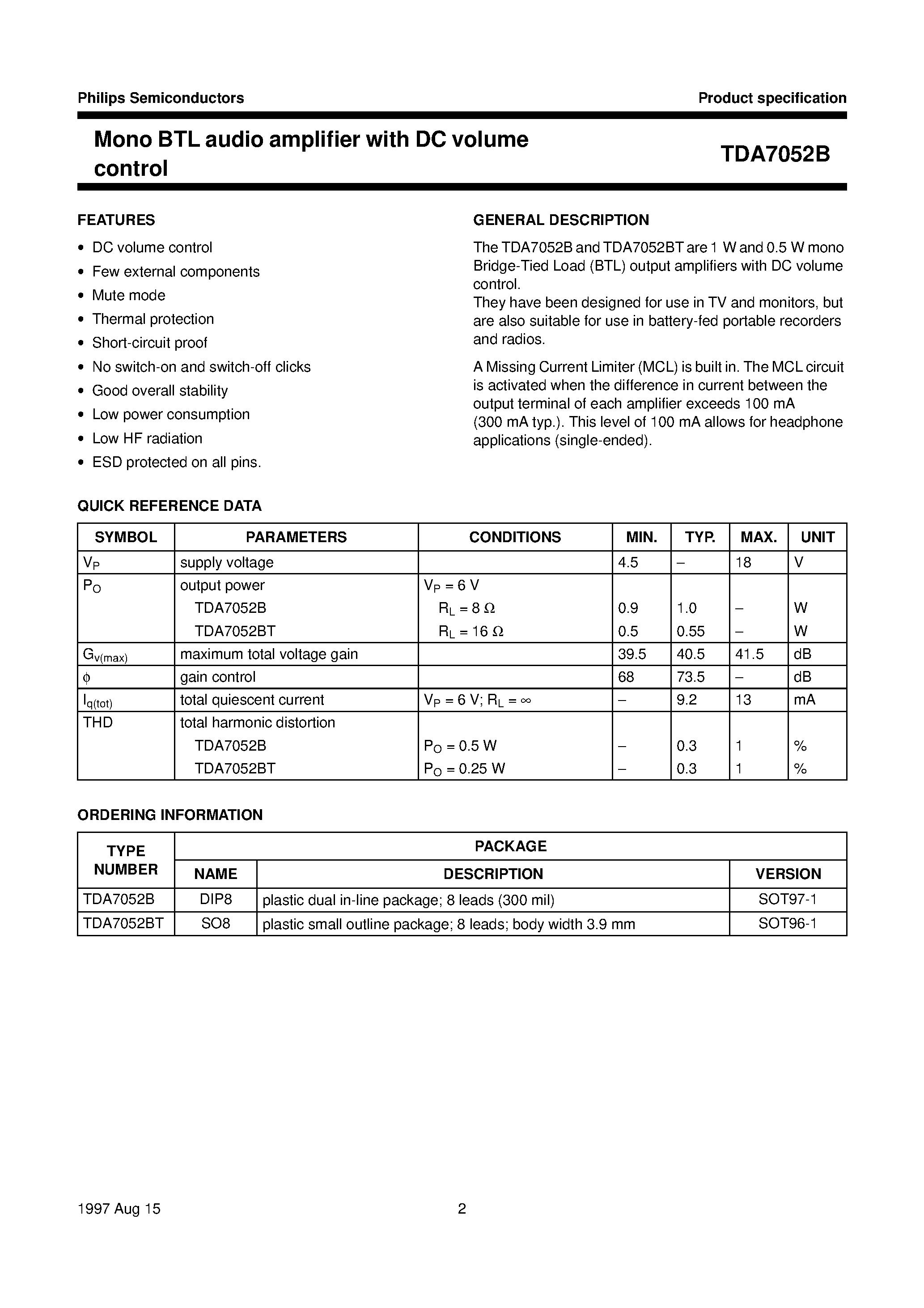 Даташит TDA7052BT - Mono BTL audio amplifier with DC volume control страница 2