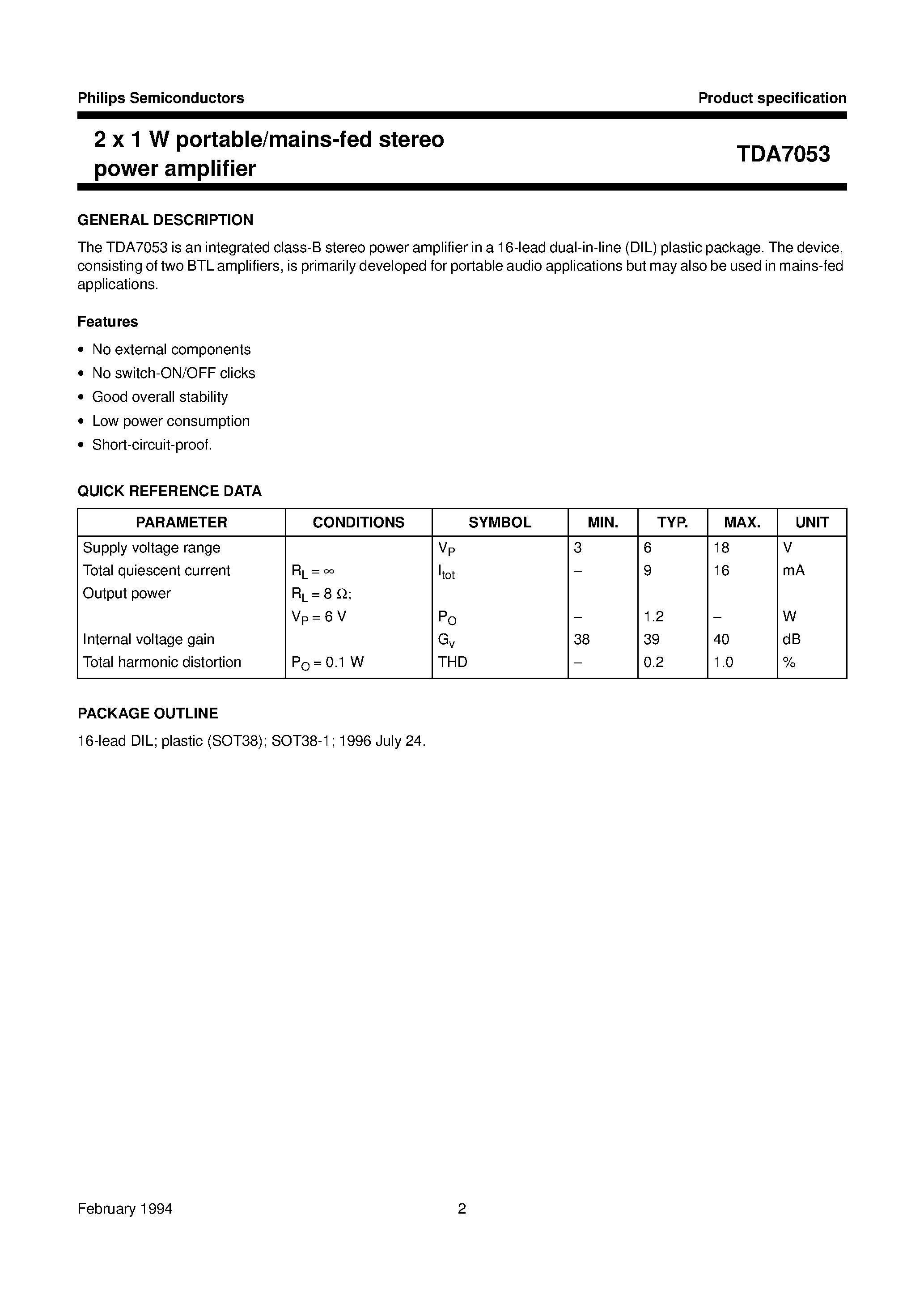 Даташит на микросхему TDA7053 страница 2 Даташит TDA7053 - 2 x 1 W portable/mains-fed stereo power amplifier страница 2