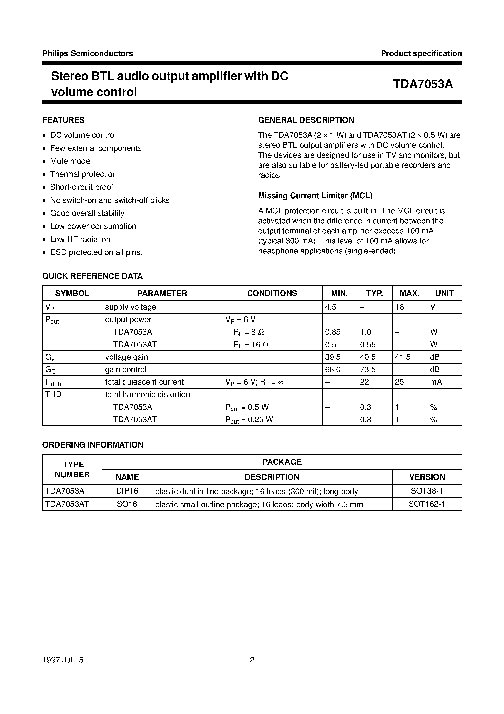 Даташит TDA7053AT - Stereo BTL audio output amplifier with DC volume control страница 2