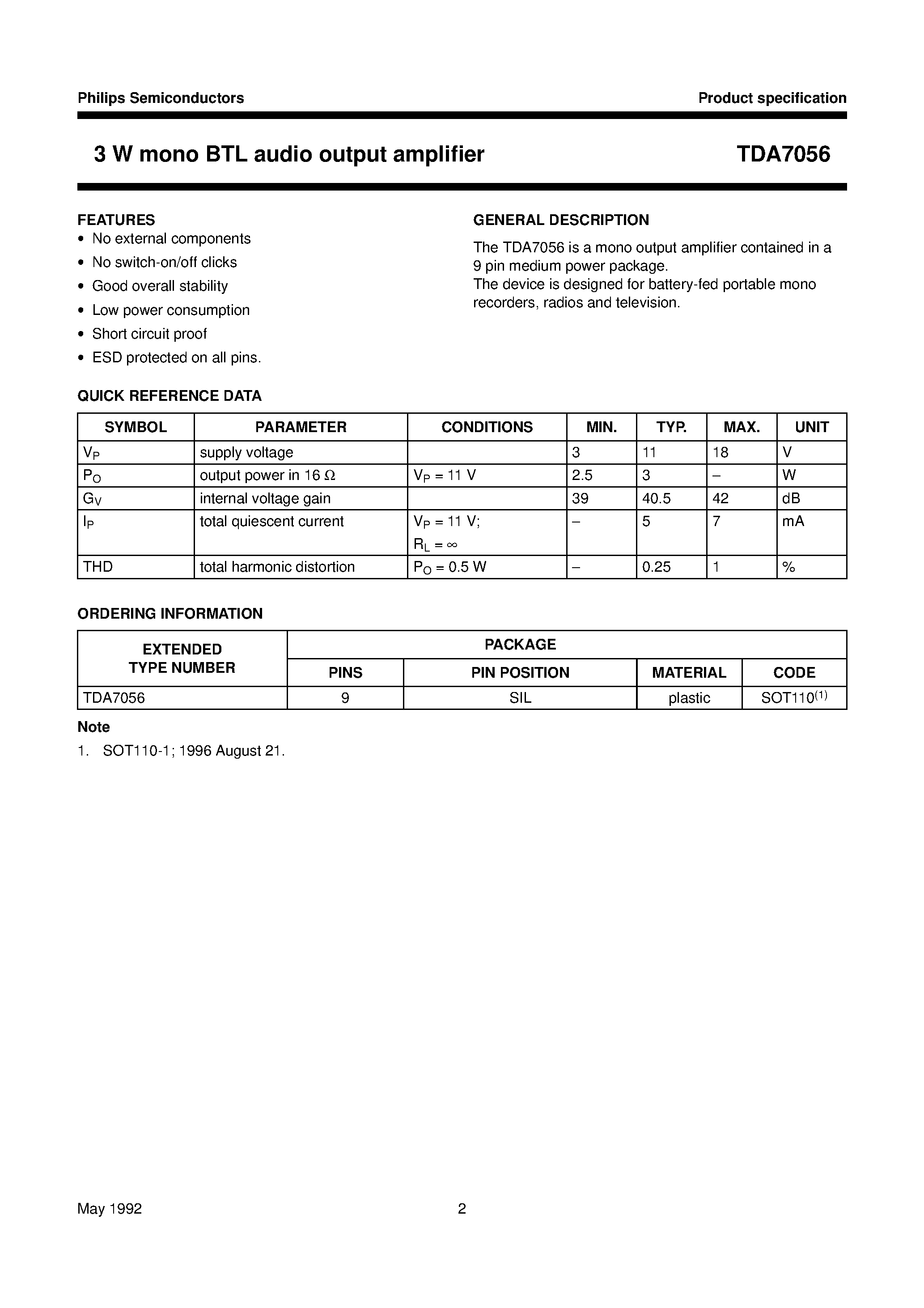 Даташит TDA7056 - 3 W mono BTL audio output amplifier страница 2