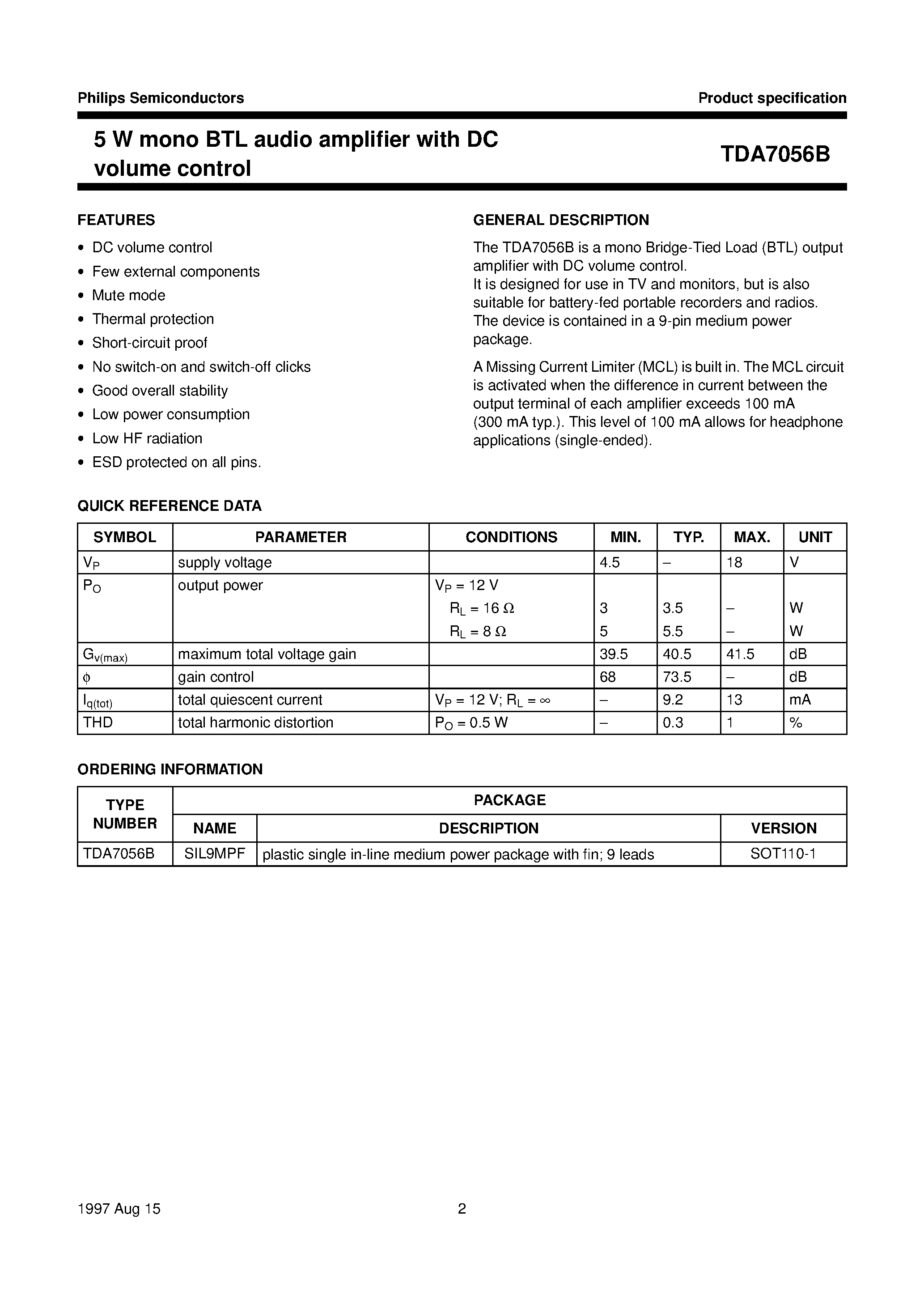 Даташит TDA7056B - 5 W mono BTL audio amplifier with DC volume control страница 2