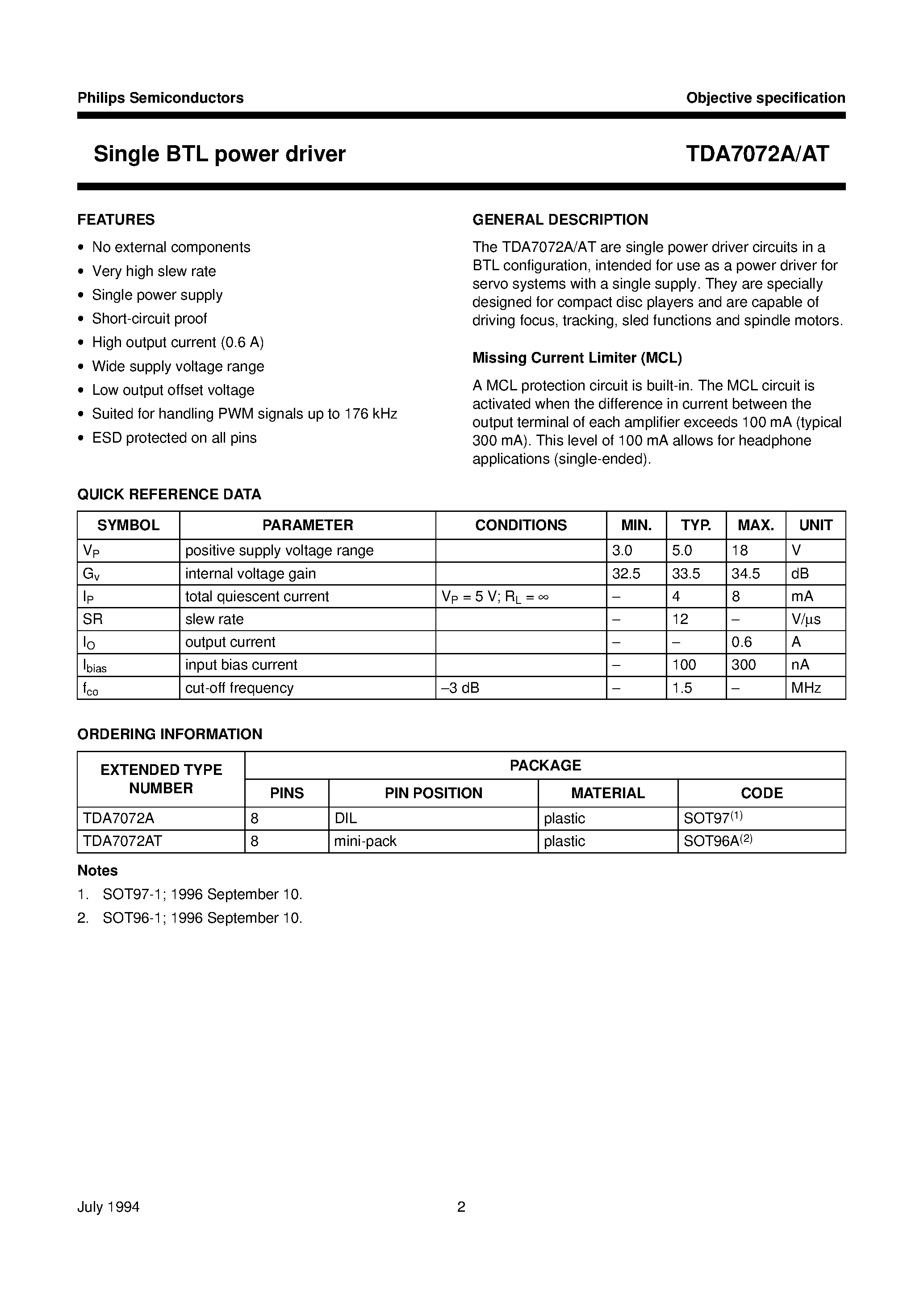 Даташит TDA7072A - Single BTL power driver страница 2