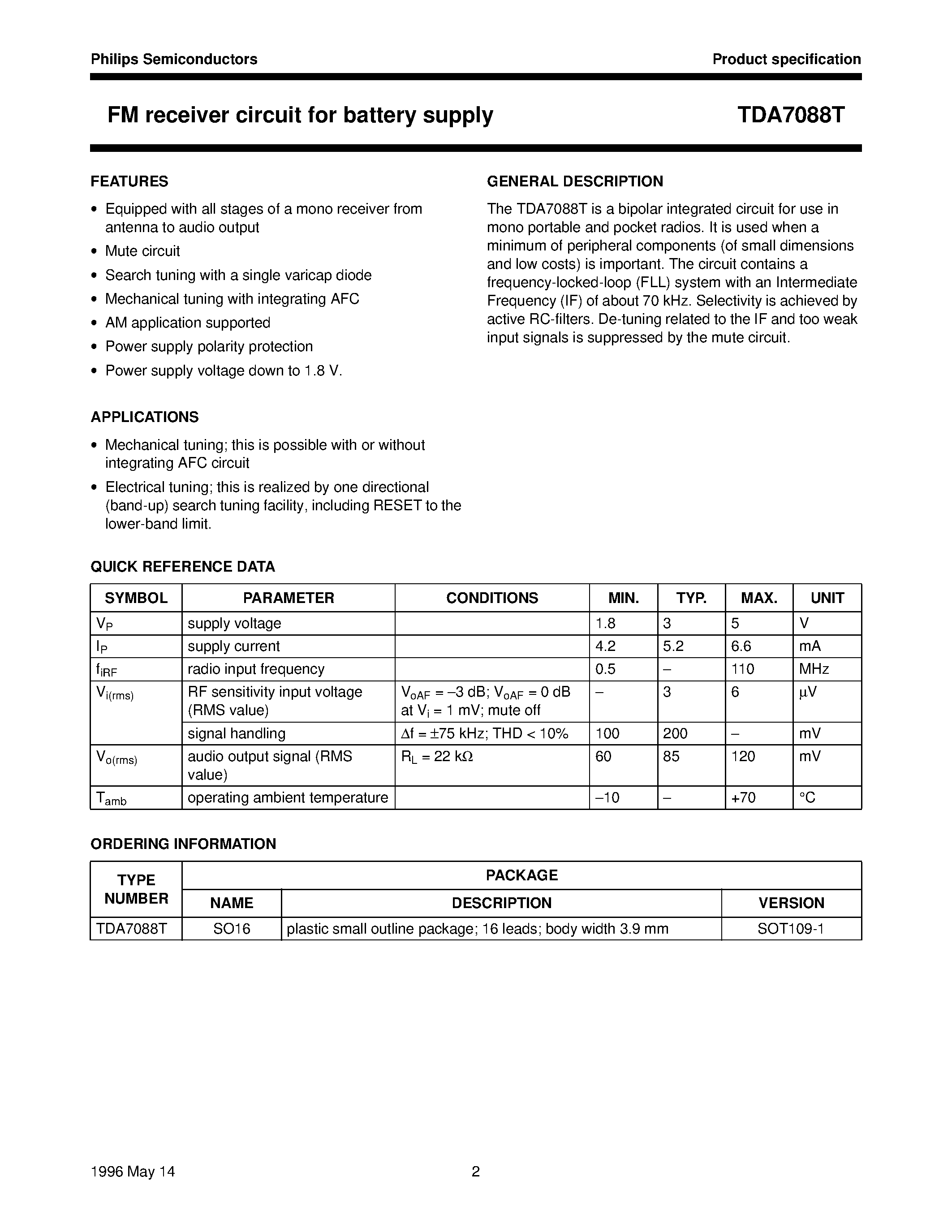 Даташит TDA7088T - FM receiver circuit for battery supply страница 2