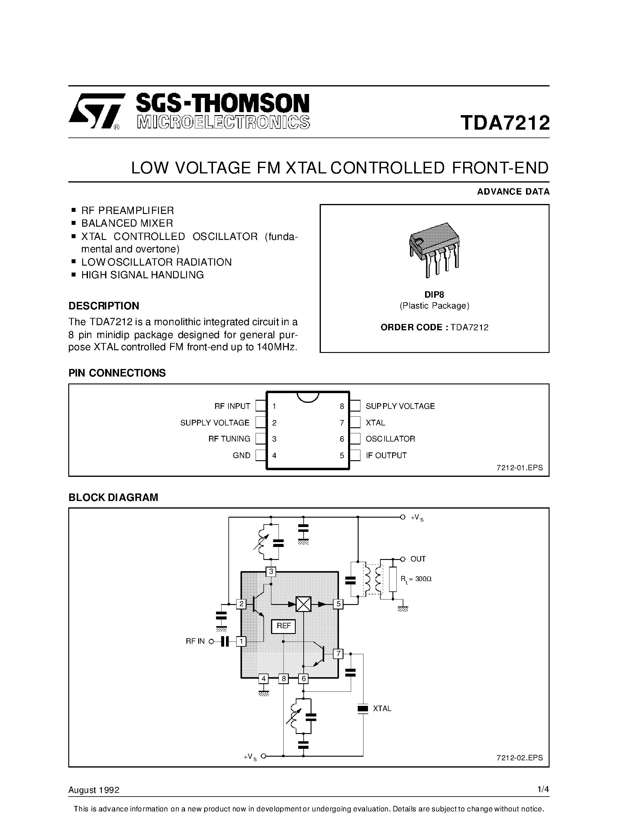 Даташит TDA7212 - LOW VOLTAGE FM XTAL CONTROLLED FRONT-END страница 1
