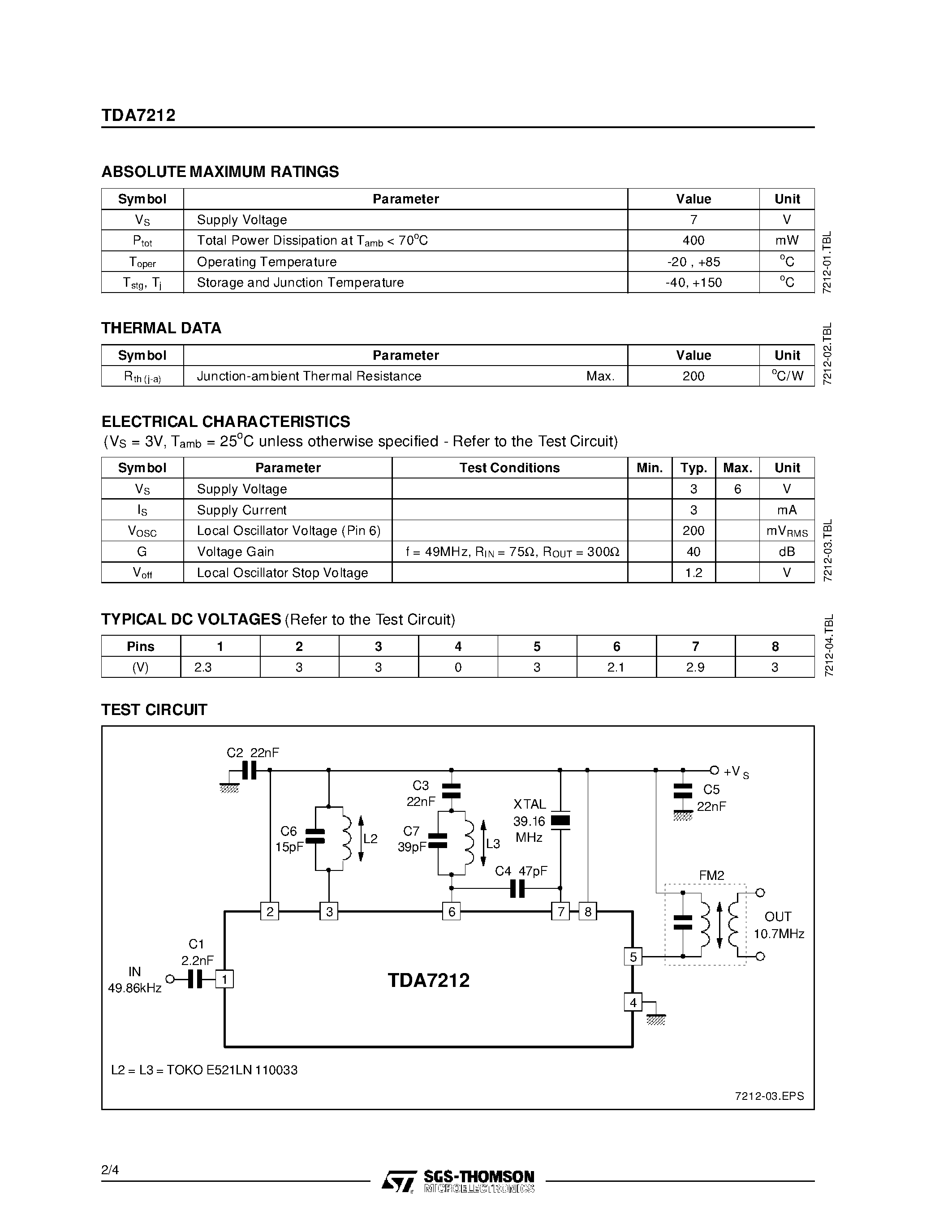 Даташит TDA7212 - LOW VOLTAGE FM XTAL CONTROLLED FRONT-END страница 2