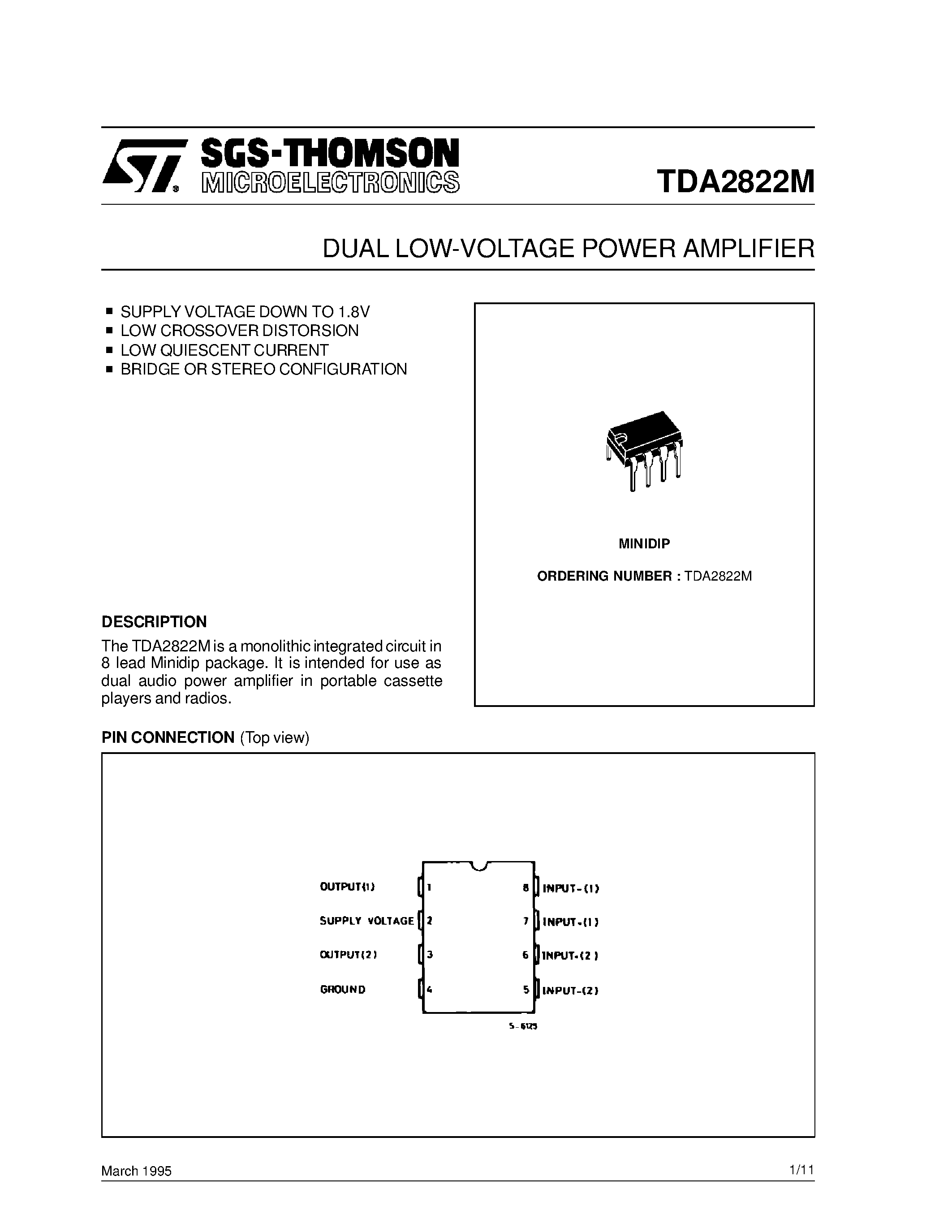 Даташит TDA7220 - DUAL LOW-VOLTAGE POWER AMPLIFIER страница 1