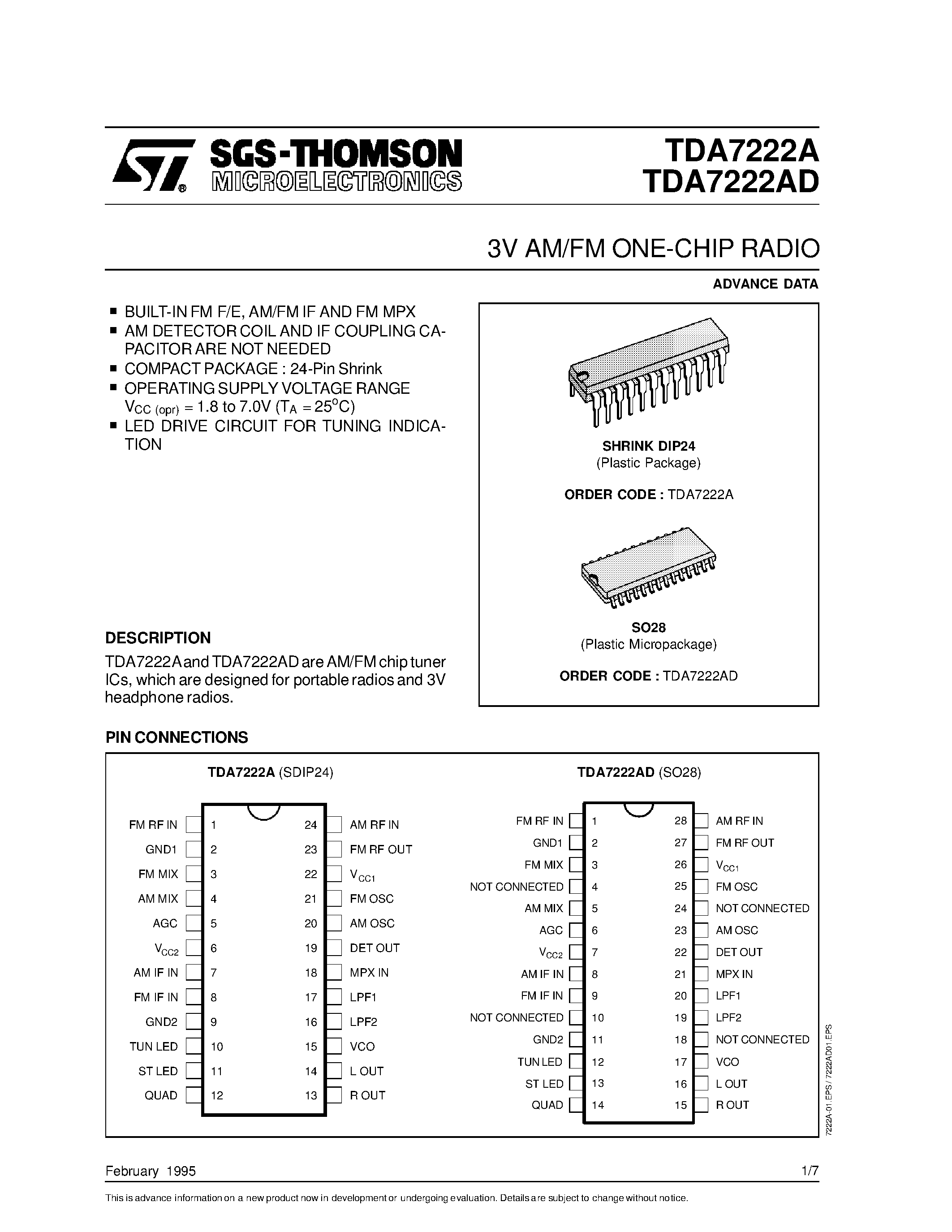 Даташит на микросхему TDA7222AD страница 1 Даташит TDA7222AD - 3V AM/FM ONE-CHIP RADIO страница 1