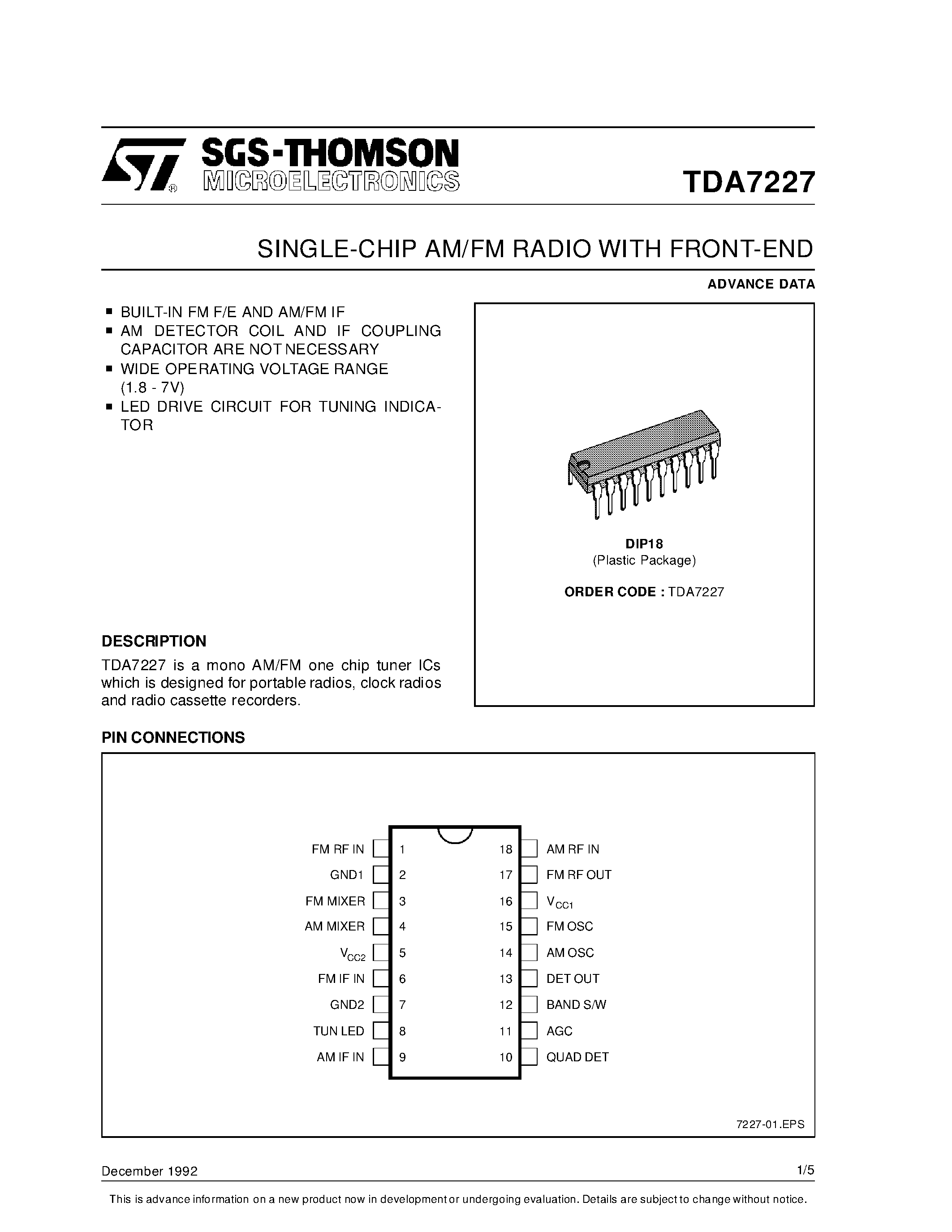 Даташит TDA7227 - SINGLE-CHIP AM/FM RADIO WITH FRONT-END страница 1