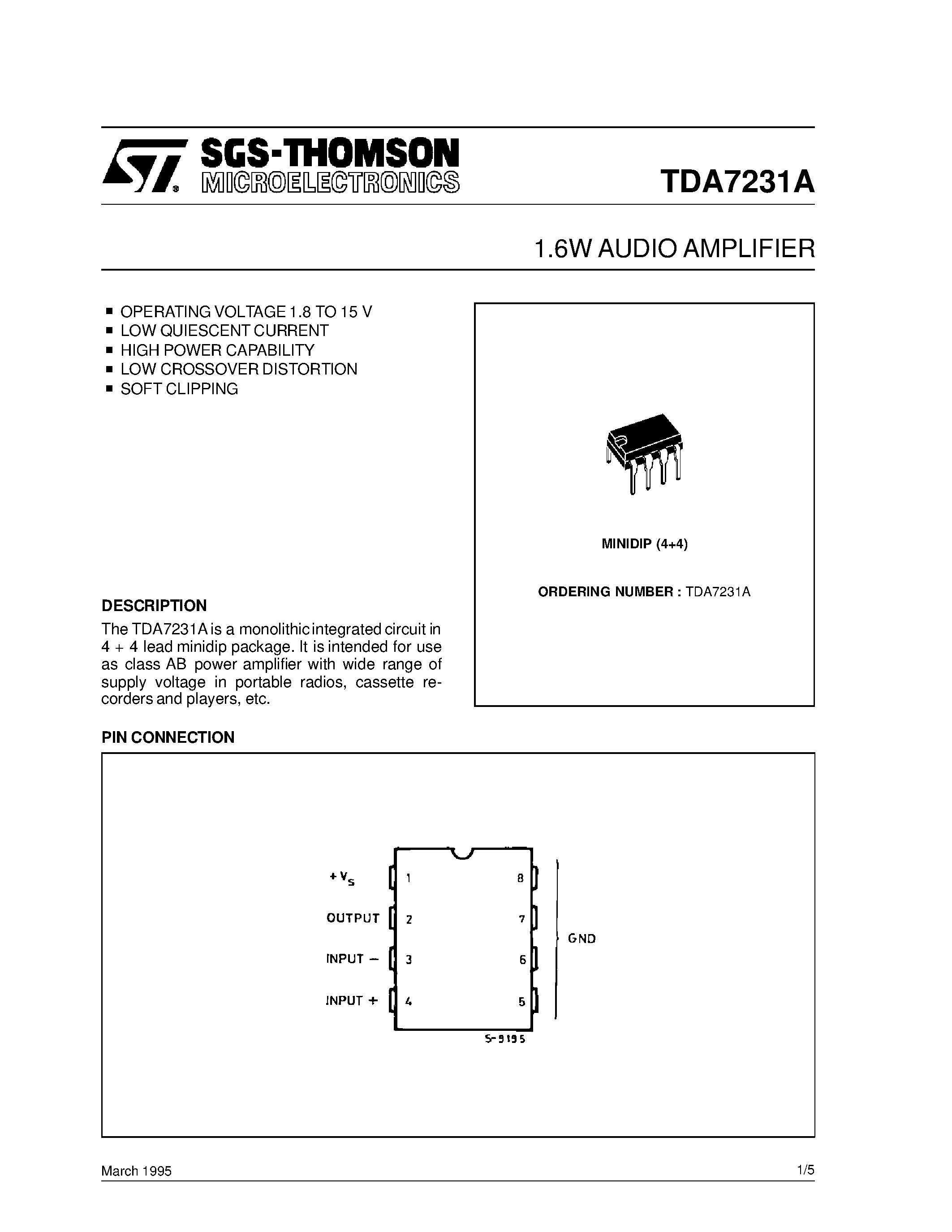 Даташит TDA7231A - 1.6W AUDIO AMPLIFIER страница 1