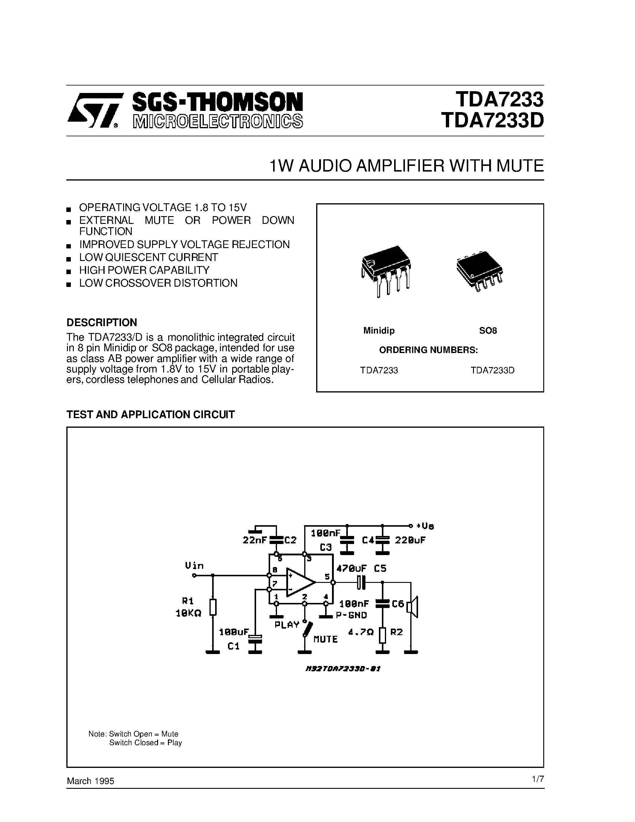 Даташит на микросхему TDA7233 страница 1 Даташит TDA7233 - 1W AUDIO AMPLIFIER WITH MUTE страница 1