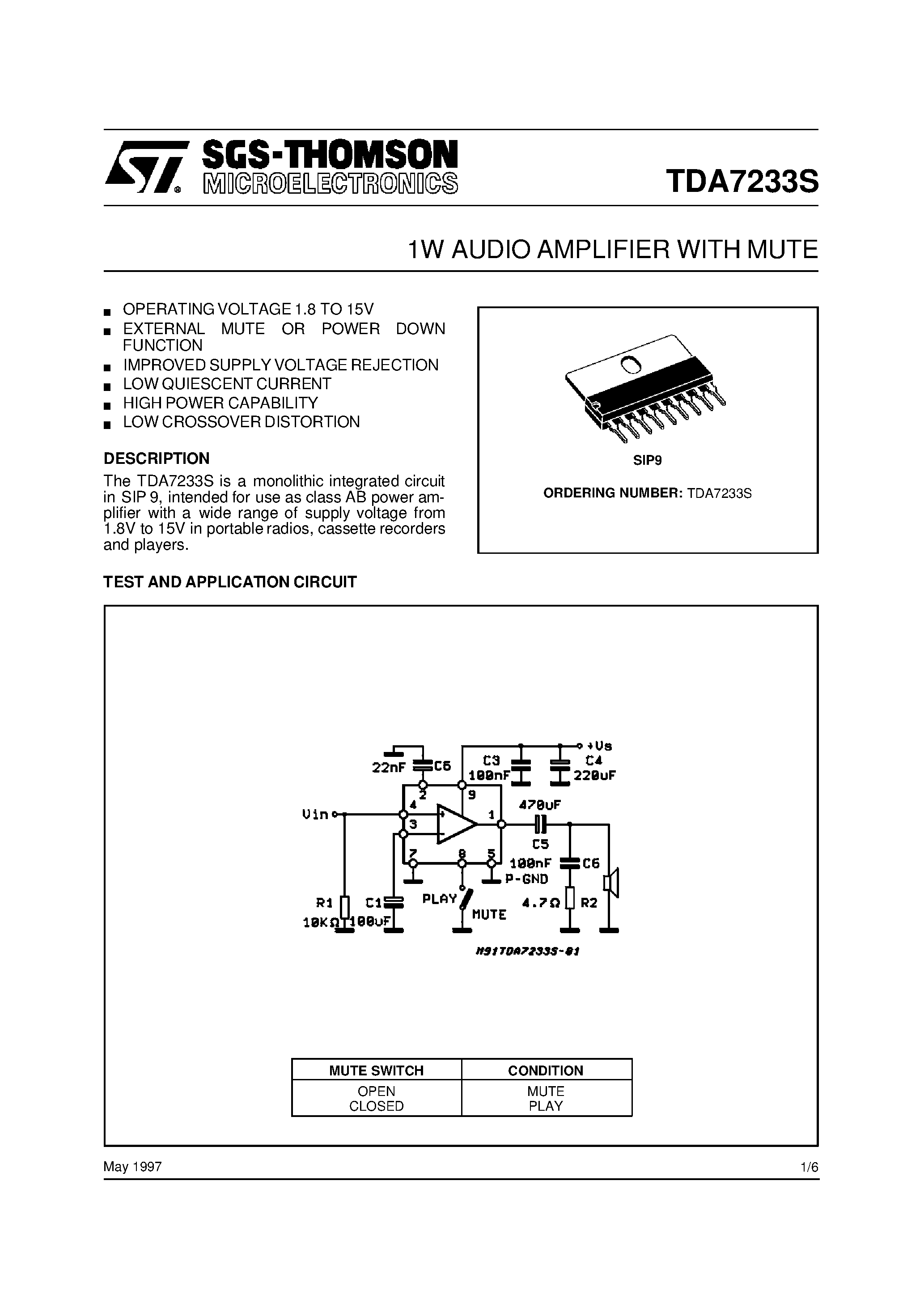 Даташит TDA7233S - 1W AUDIO AMPLIFIER WITH MUTE страница 1