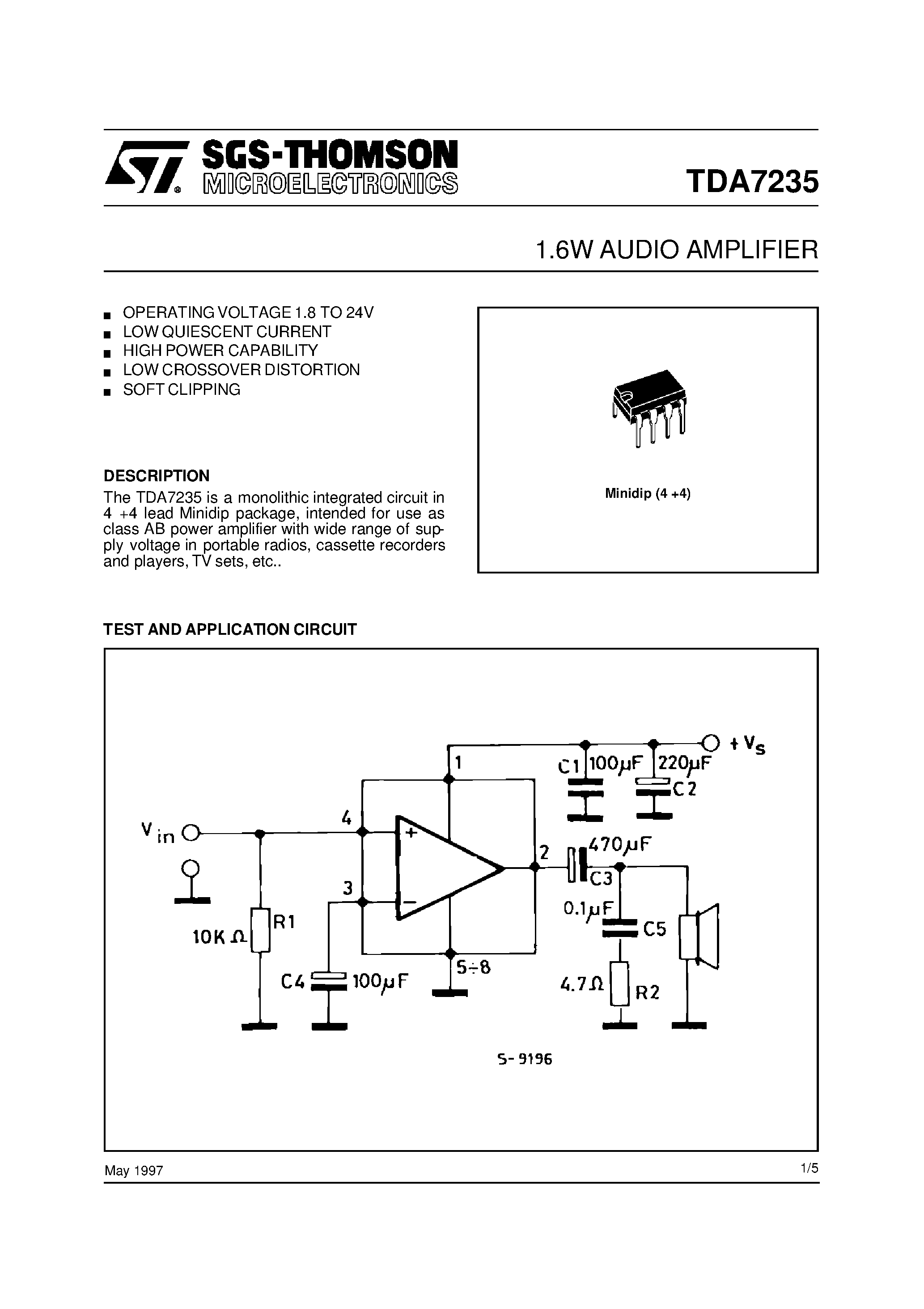 Даташит на микросхему TDA7235 страница 1 Даташит TDA7235 - 1.6W AUDIO AMPLIFIER страница 1