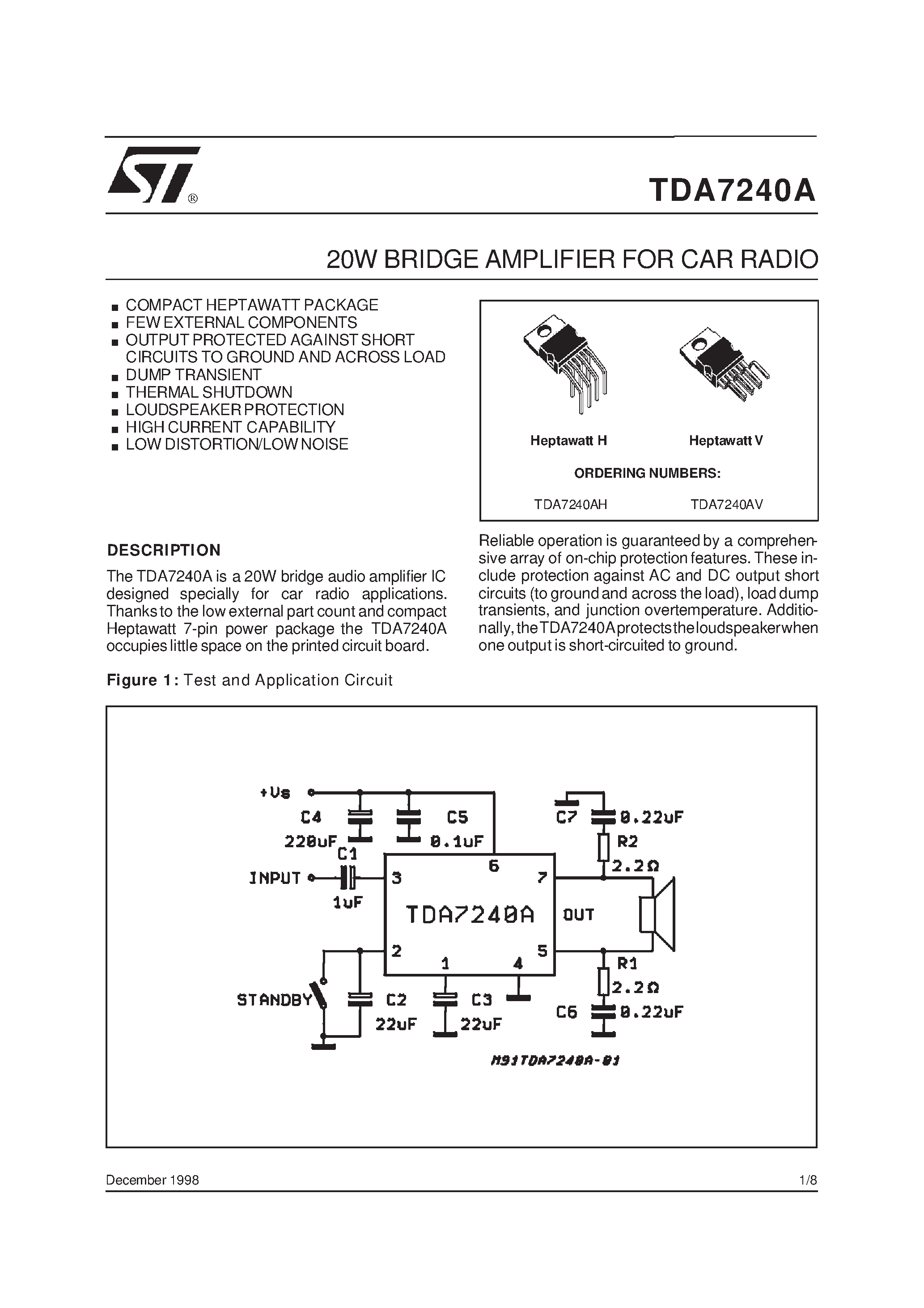 Даташит на микросхему TDA7240 страница 1 Даташит TDA7240 - 20WBRIDGE AMPLIFIER FOR CAR RADIO страница 1