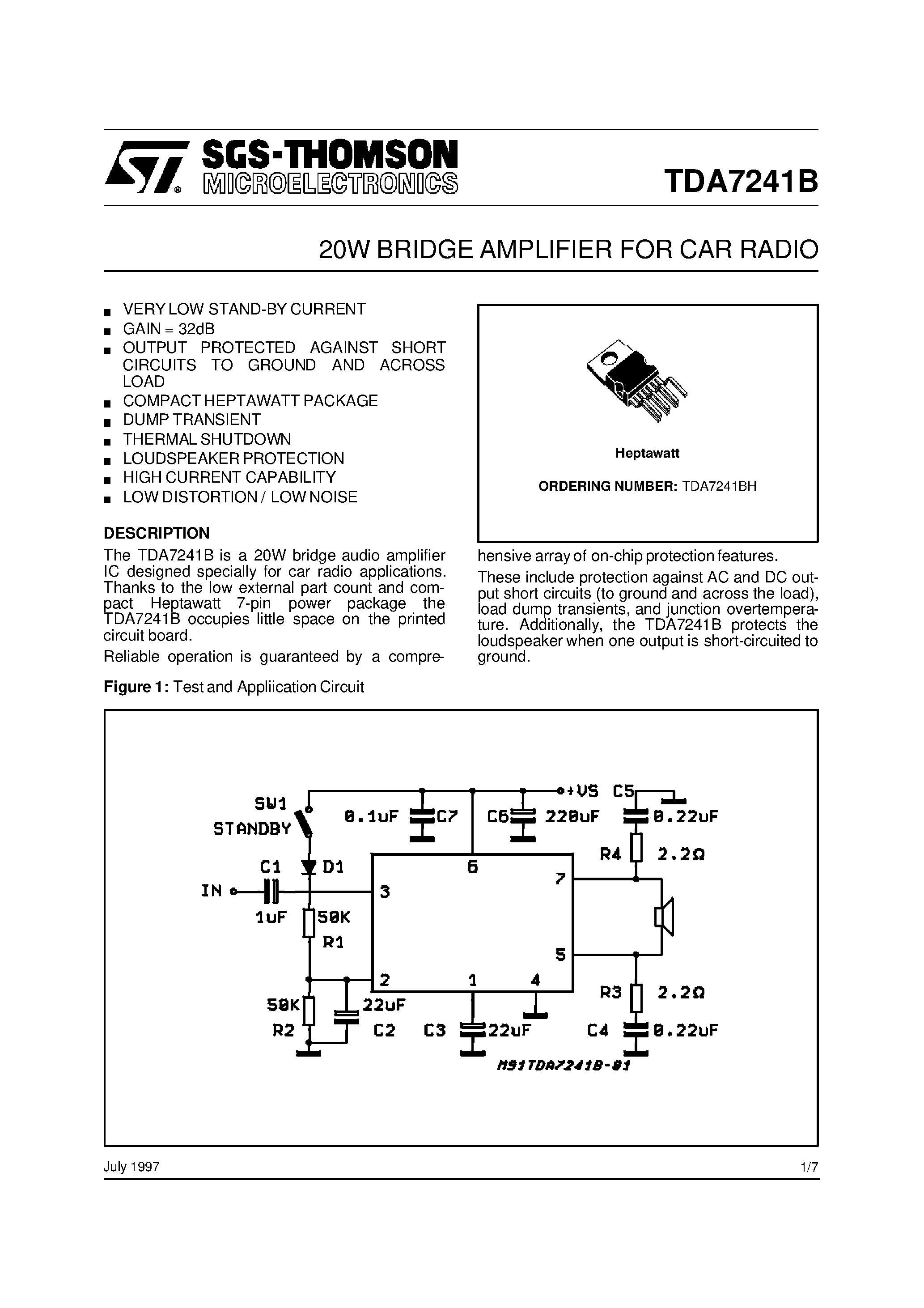 Даташит на микросхему TDA7241BH страница 1 Даташит TDA7241BH - 20W BRIDGE AMPLIFIER FOR CAR RADIO страница 1