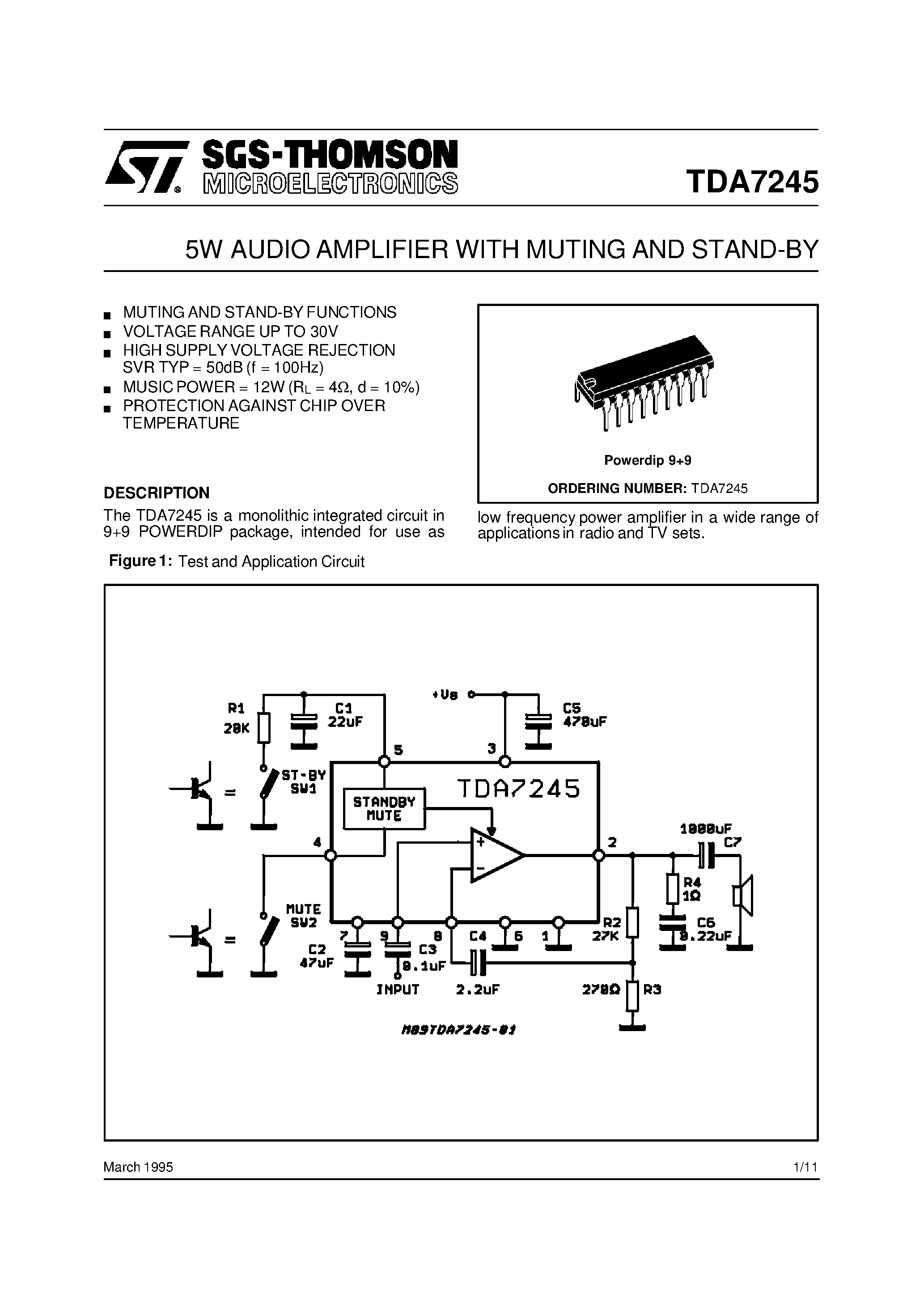 Даташит на микросхему TDA7245 страница 1 Даташит TDA7245 - 5W AUDIO AMPLIFIER WITH MUTING AND STAND-BY страница 1