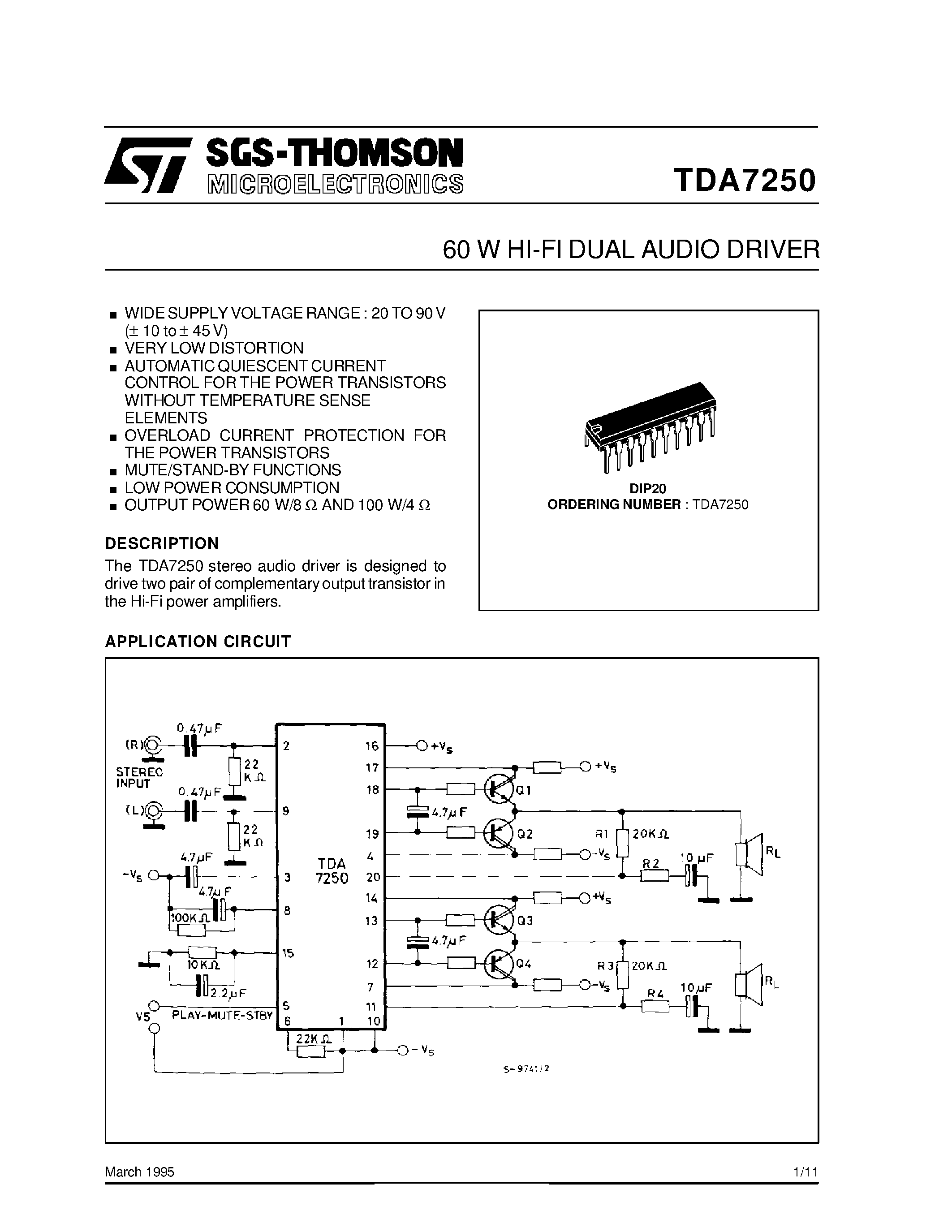 Даташит на микросхему TDA7250 страница 1 Даташит TDA7250 - 6W AUDIO AMPLIFIER WITH STAND-BY страница 1