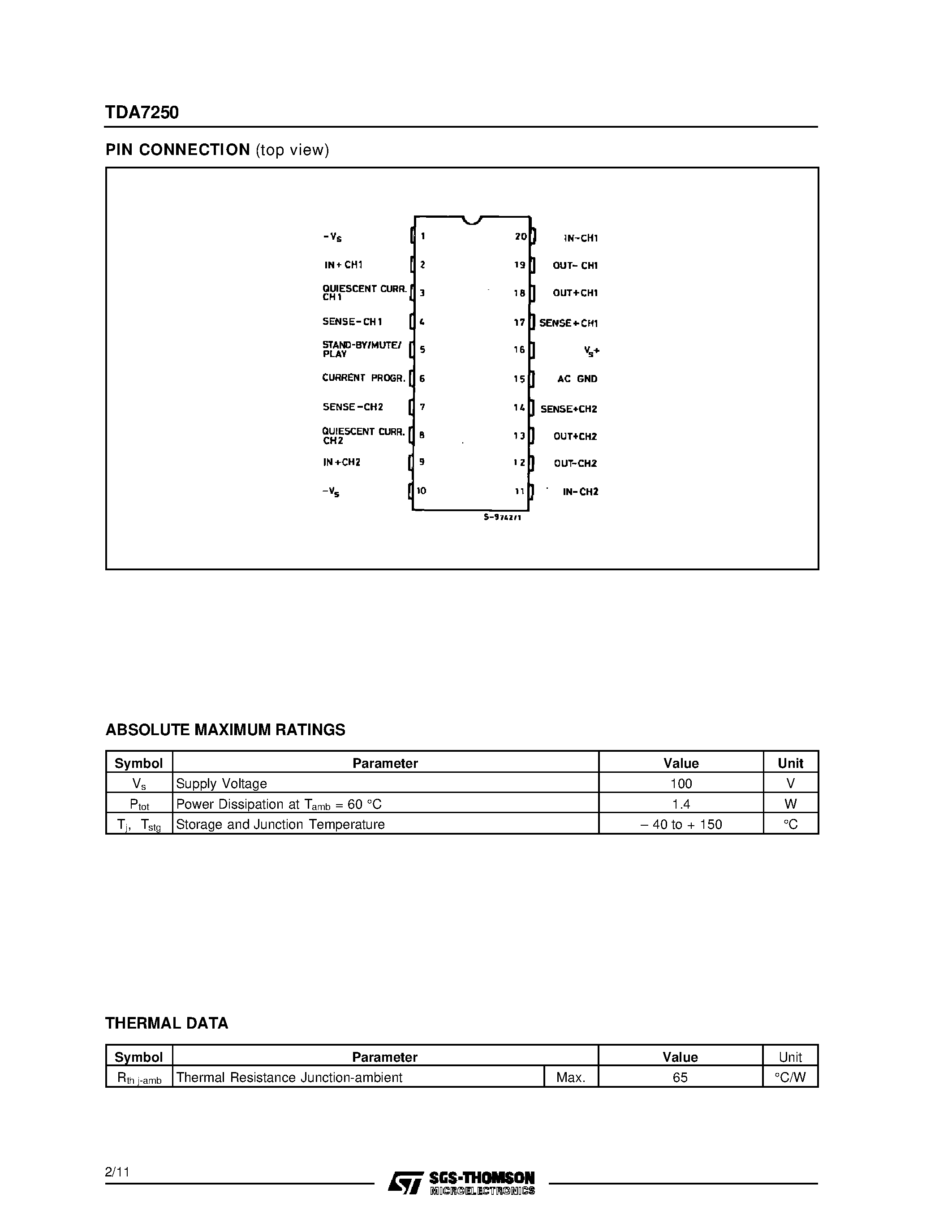 Даташит на микросхему TDA7250 страница 2 Даташит TDA7250 - 6W AUDIO AMPLIFIER WITH STAND-BY страница 2
