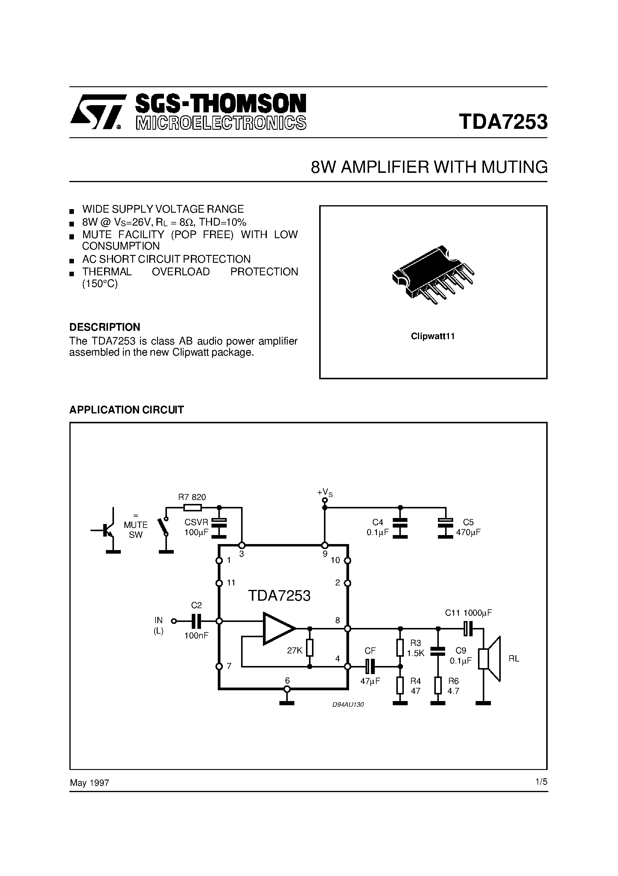 Даташит TDA7253 - 8W AMPLIFIER WITH MUTING страница 1