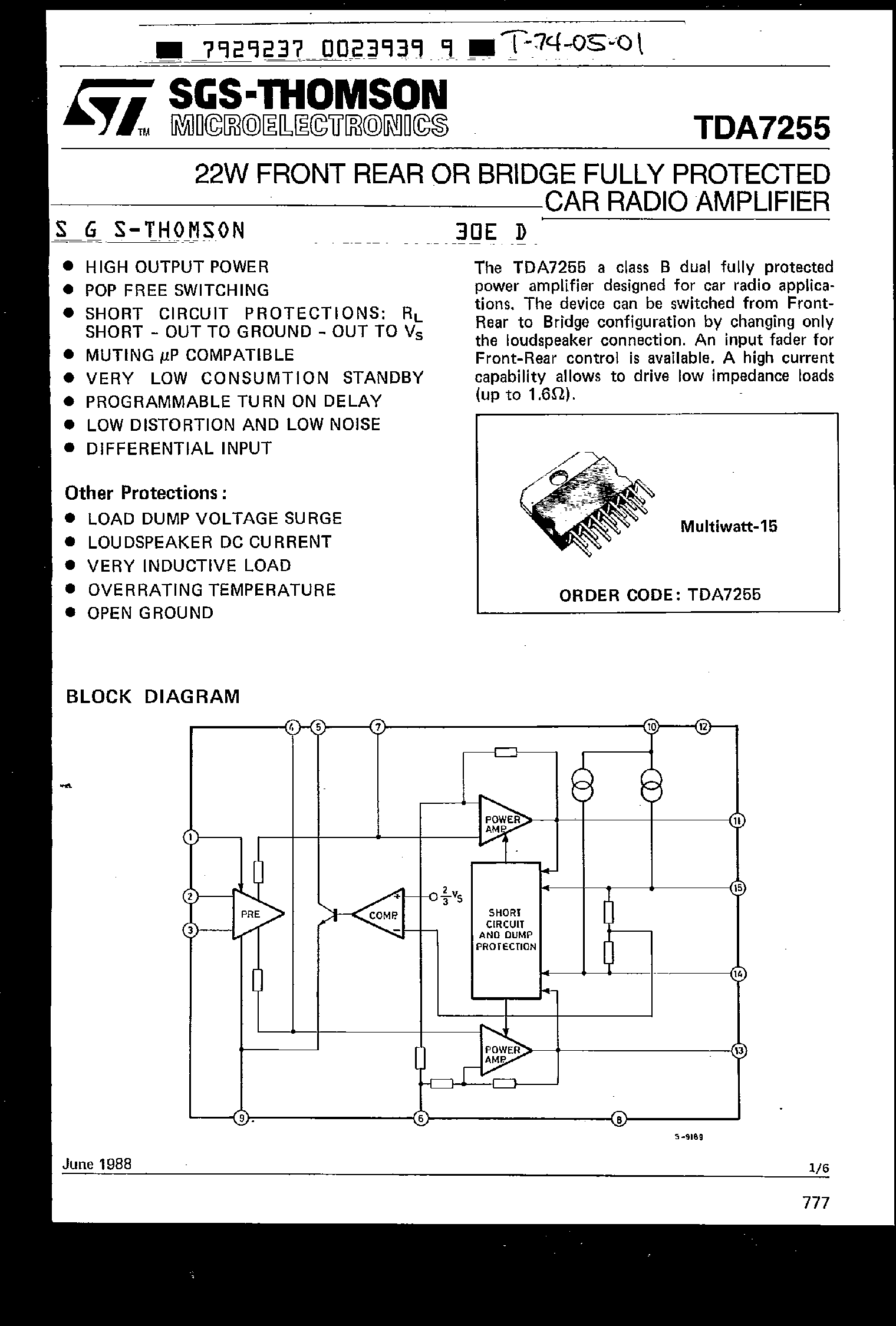 Даташит TDA7255 - 22W FRONT REAR OR BRIDGE FULLY PROTECTED CAR RADIO AMPLIFIER страница 1
