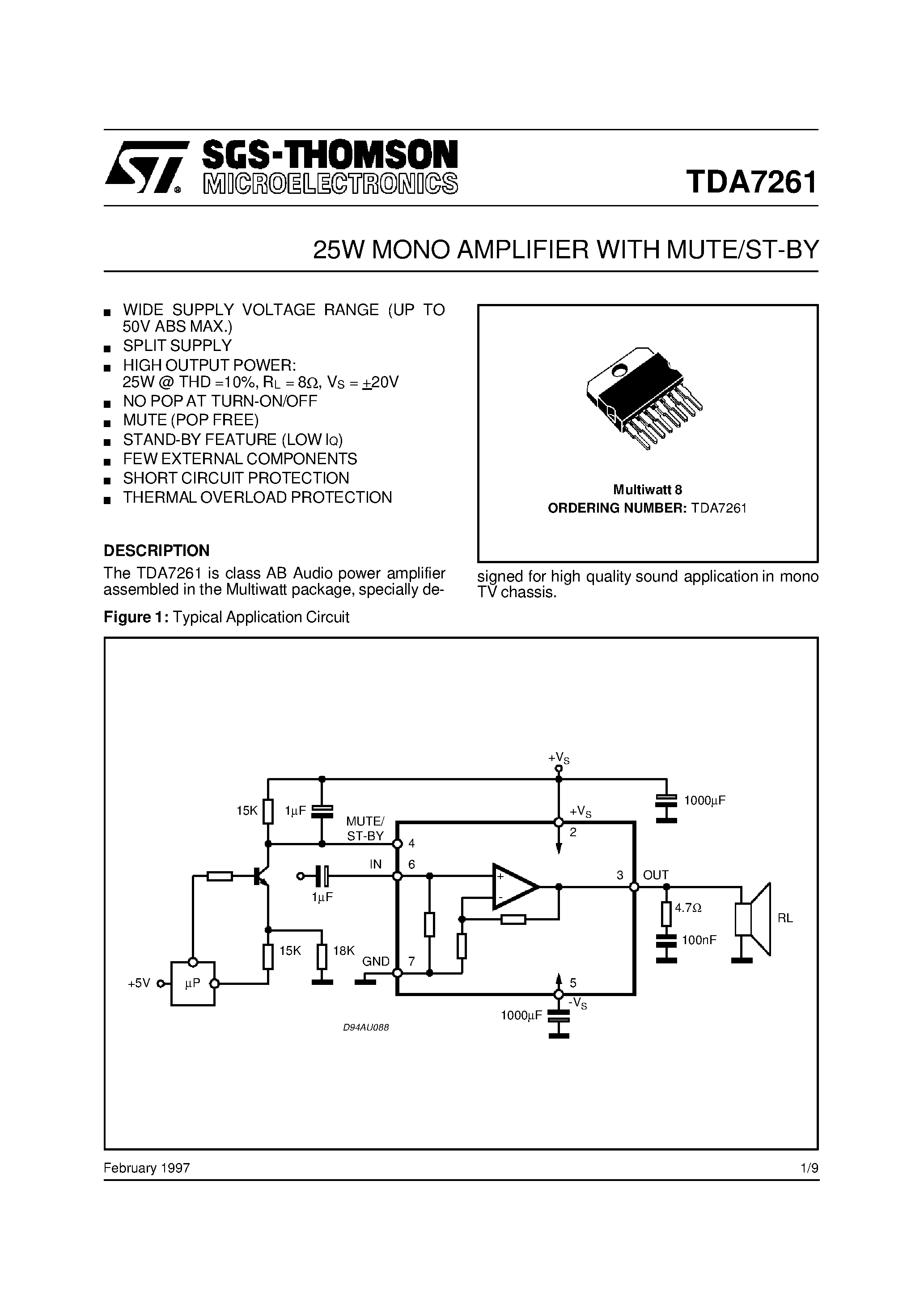 Даташит TDA7261 - 25W MONO AMPLIFIER WITH MUTE/ST-BY страница 1