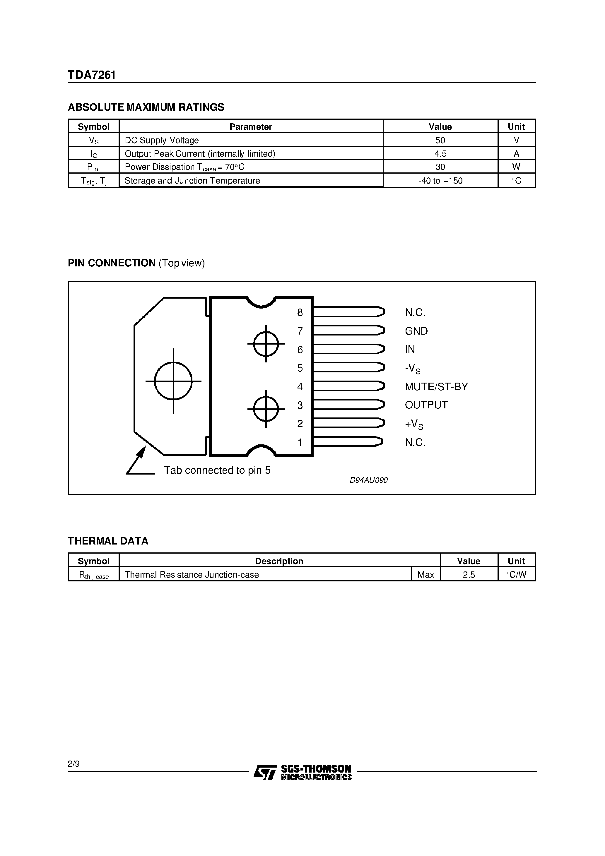 Даташит TDA7261 - 25W MONO AMPLIFIER WITH MUTE/ST-BY страница 2
