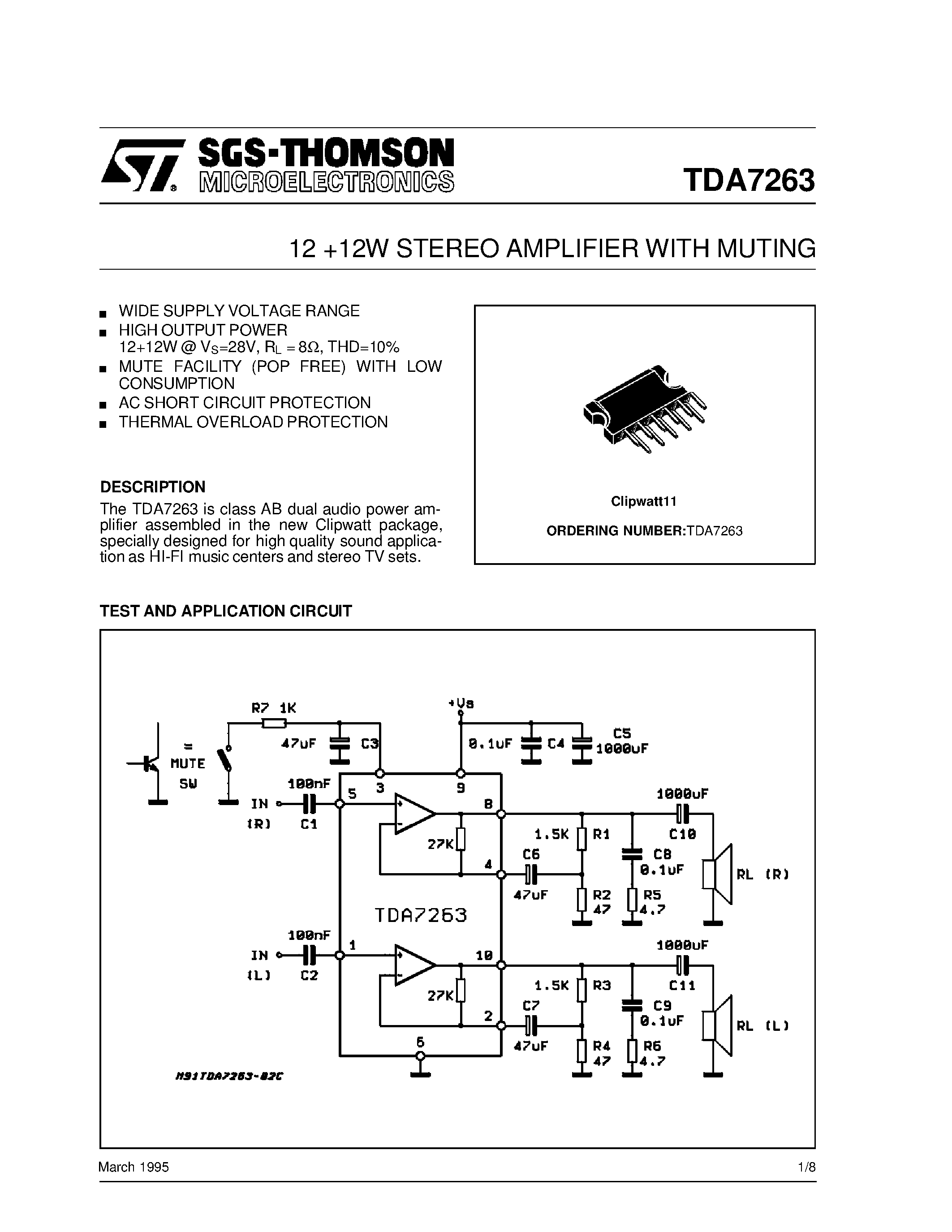 Даташит на микросхему TDA7263 страница 1 Даташит TDA7263 - 12+12W STEREO AMPLIFIER WITH MUTING страница 1