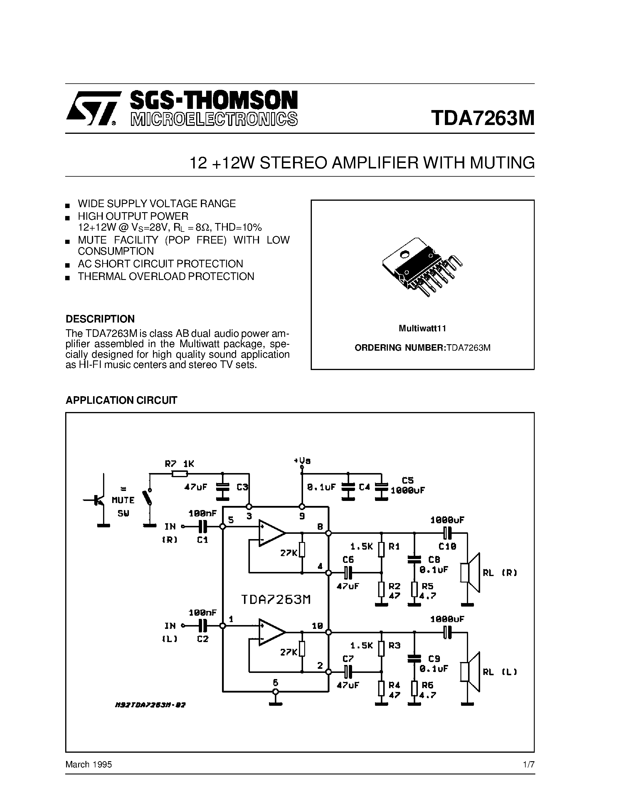 Даташит TDA7263M - 12+12W STEREO AMPLIFIER WITH MUTING страница 1