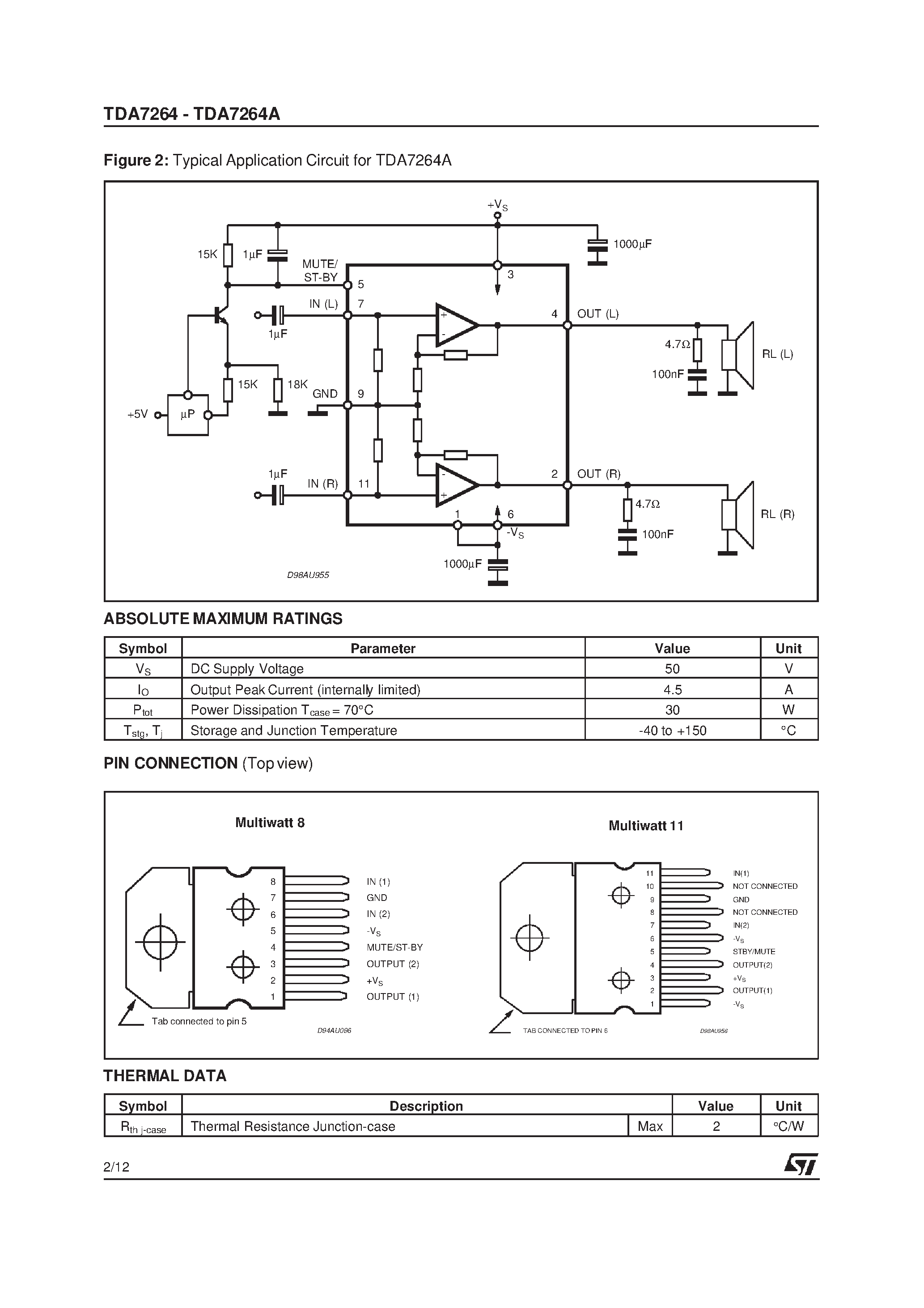 Даташит TDA7264 - 25+25W STEREO AMPLIFIER WITH MUTE/ST-BY страница 2