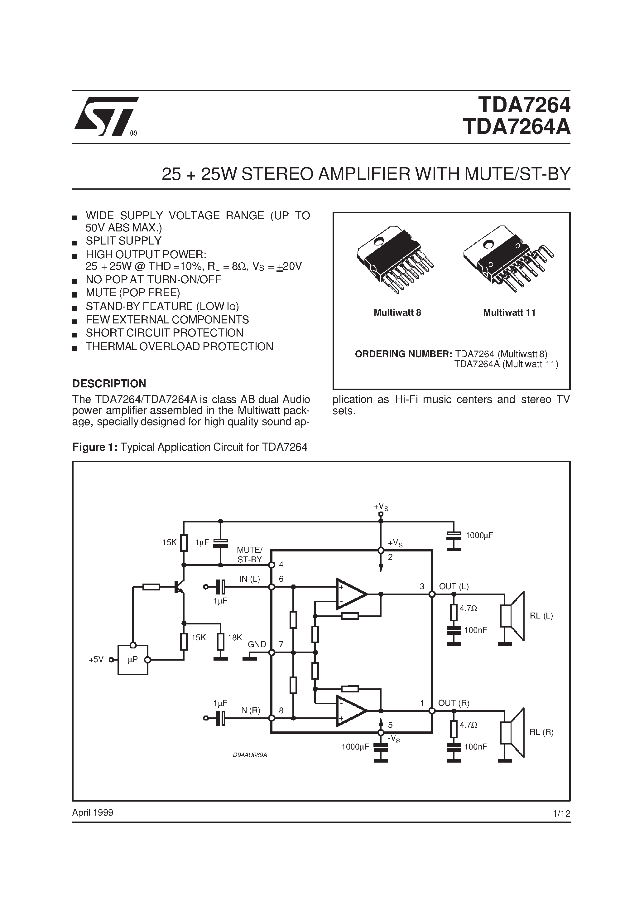 Даташит на микросхему TDA7264A страница 1 Даташит TDA7264A - 25+25W STEREO AMPLIFIER WITH MUTE/ST-BY страница 1