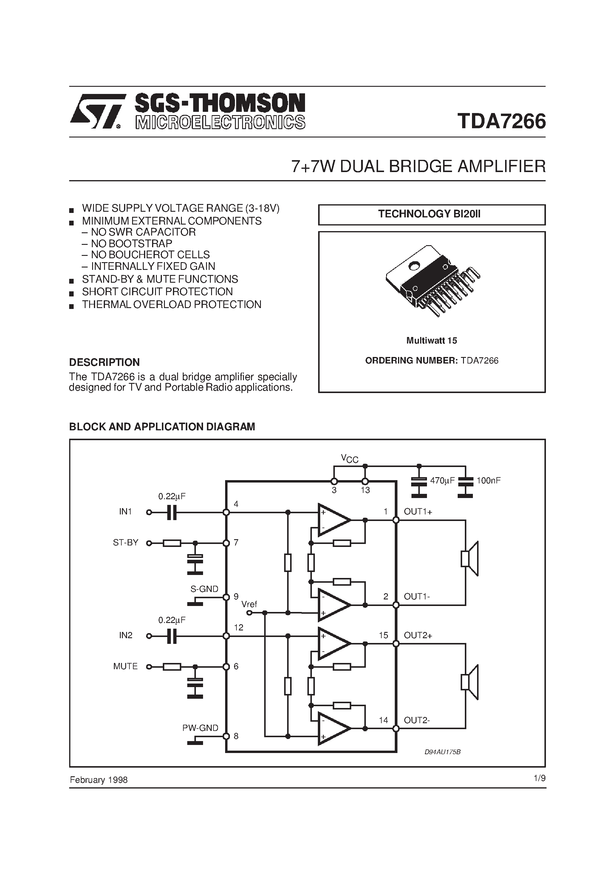Даташит на микросхему TDA7266 страница 1 Даташит TDA7266 - 7+7W DUAL BRIDGE AMPLIFIER страница 1