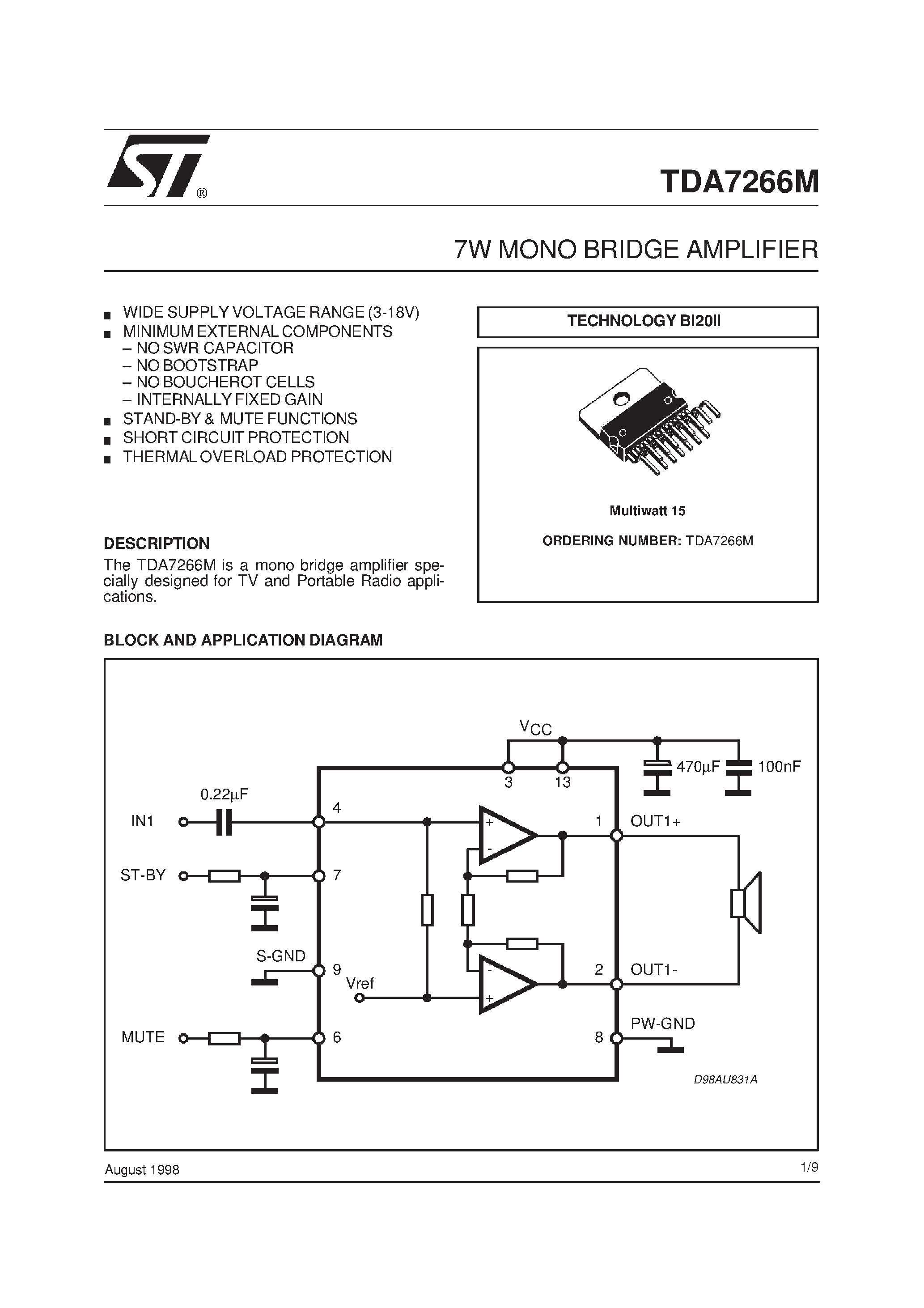 Даташит на микросхему TDA7266M страница 1 Даташит TDA7266M - 7W MONO BRIDGE AMPLIFIER страница 1